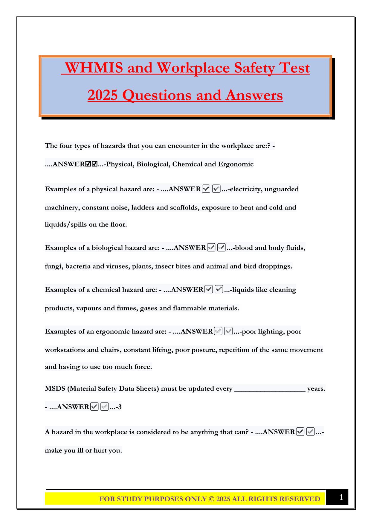WHMIS and Workplace Safety Test 2025 Questions and Answers