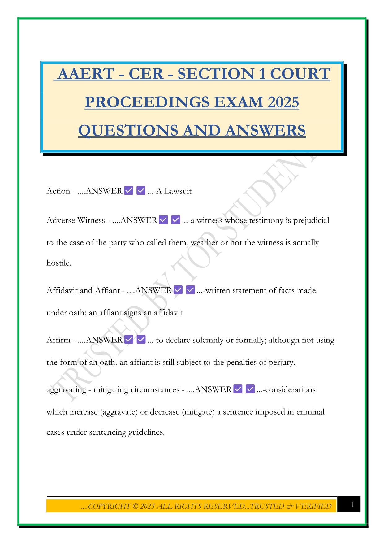 AAERT - CER - SECTION 1 COURT PROCEEDINGS EXAM 2025 QUESTIONS AND ANSWERS