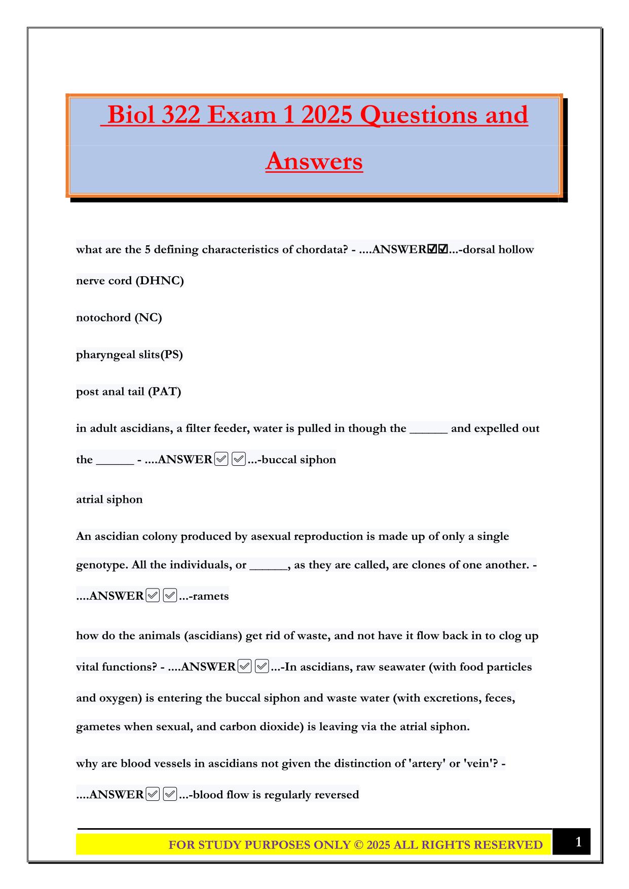 Biol 322 Exam 1 2025 Questions and Answers