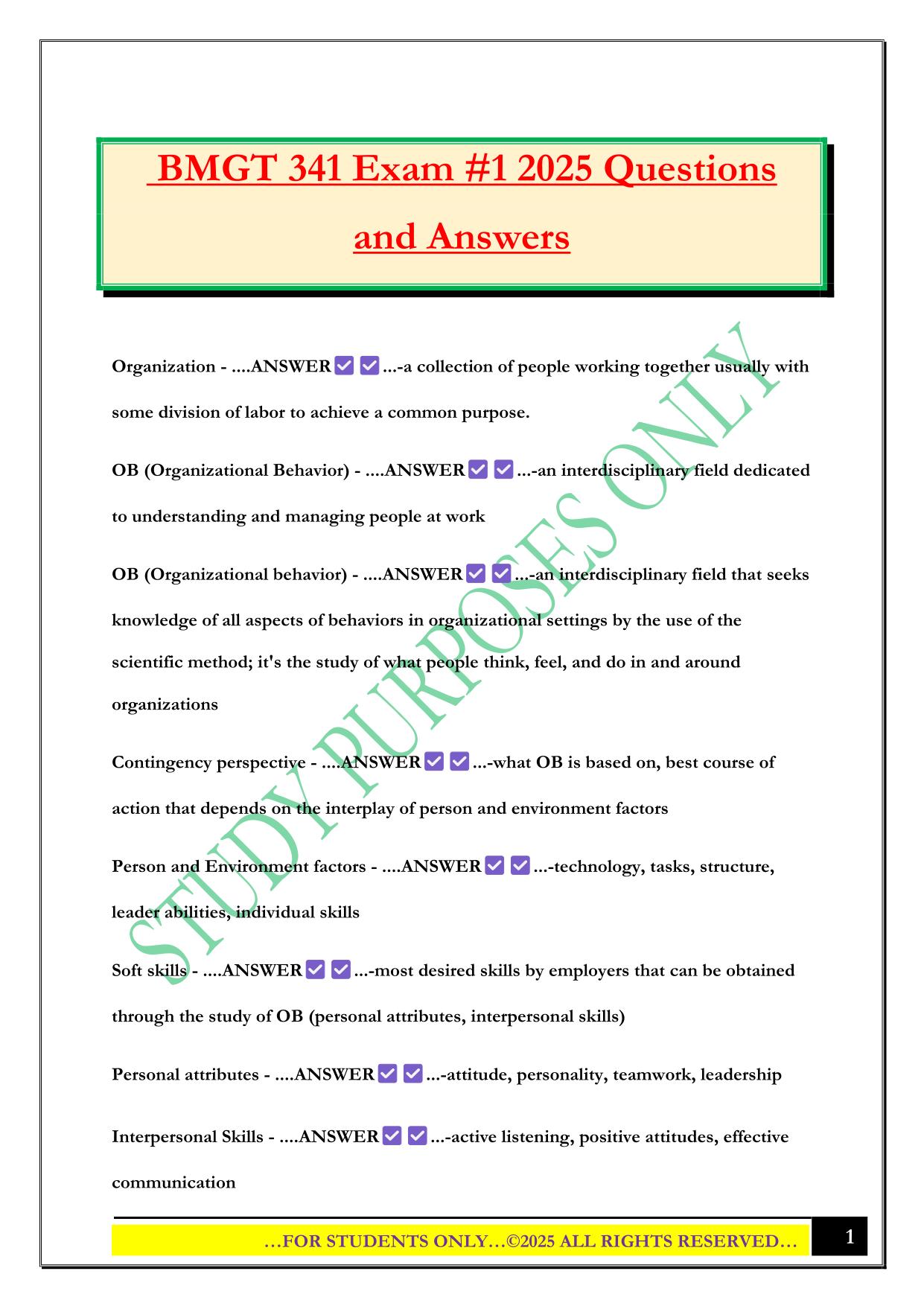 BMGT 341 Exam #1 2025 Questions and Answers