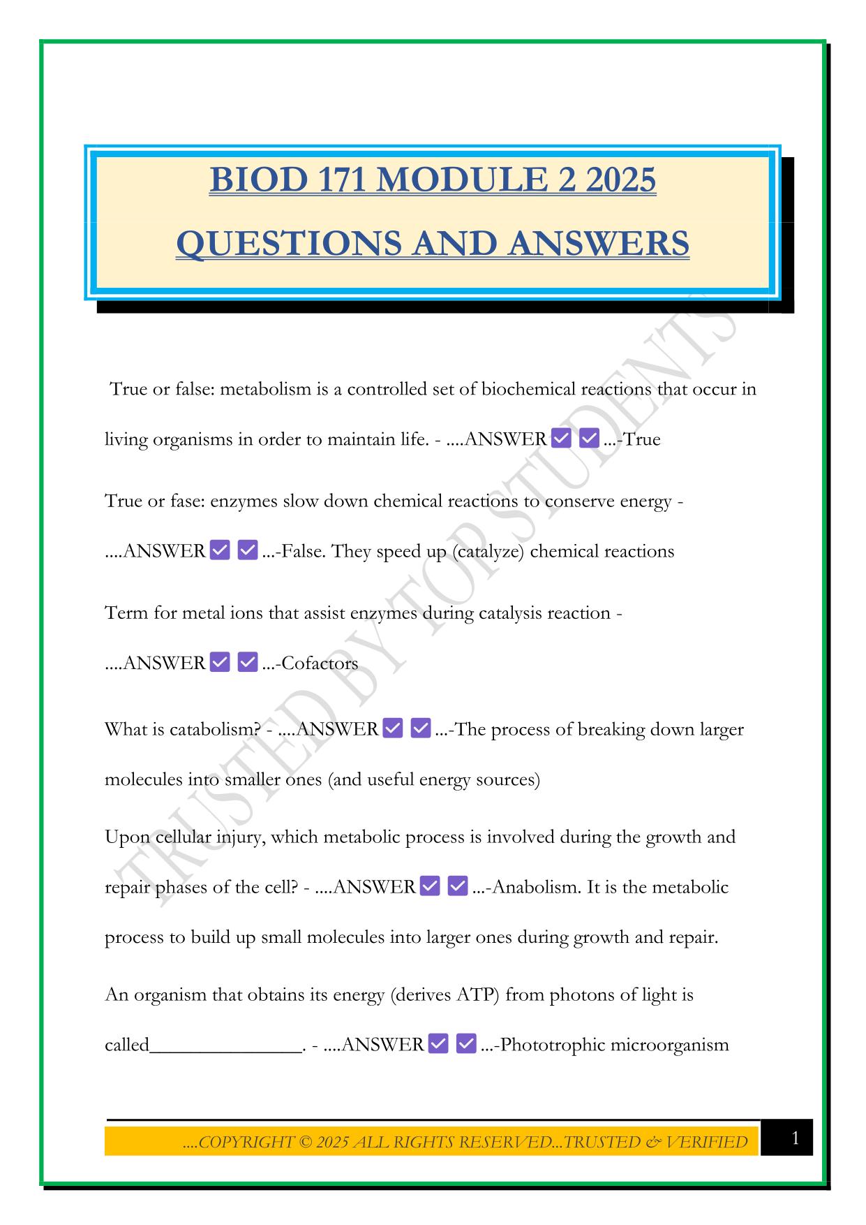 BIOD 171 MODULE 2 2025 QUESTIONS AND ANSWERS