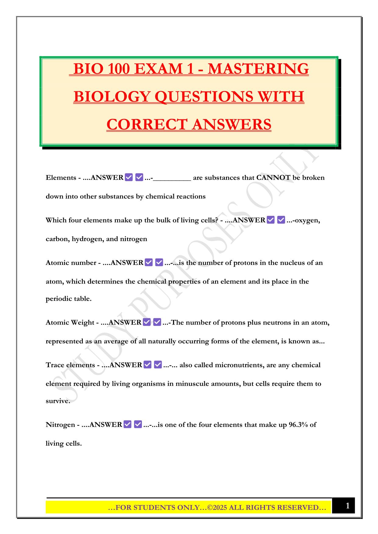 BIO 100 EXAM 1 - MASTERING BIOLOGY QUESTIONS WITH CORRECT ANSWERS