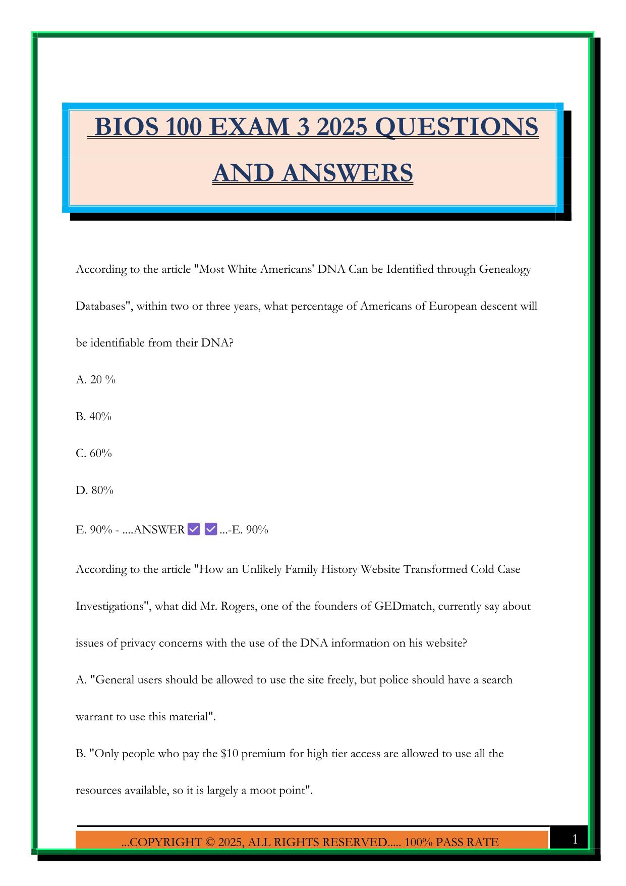 BIOS 100 EXAM 3 2025 QUESTIONS AND ANSWERS