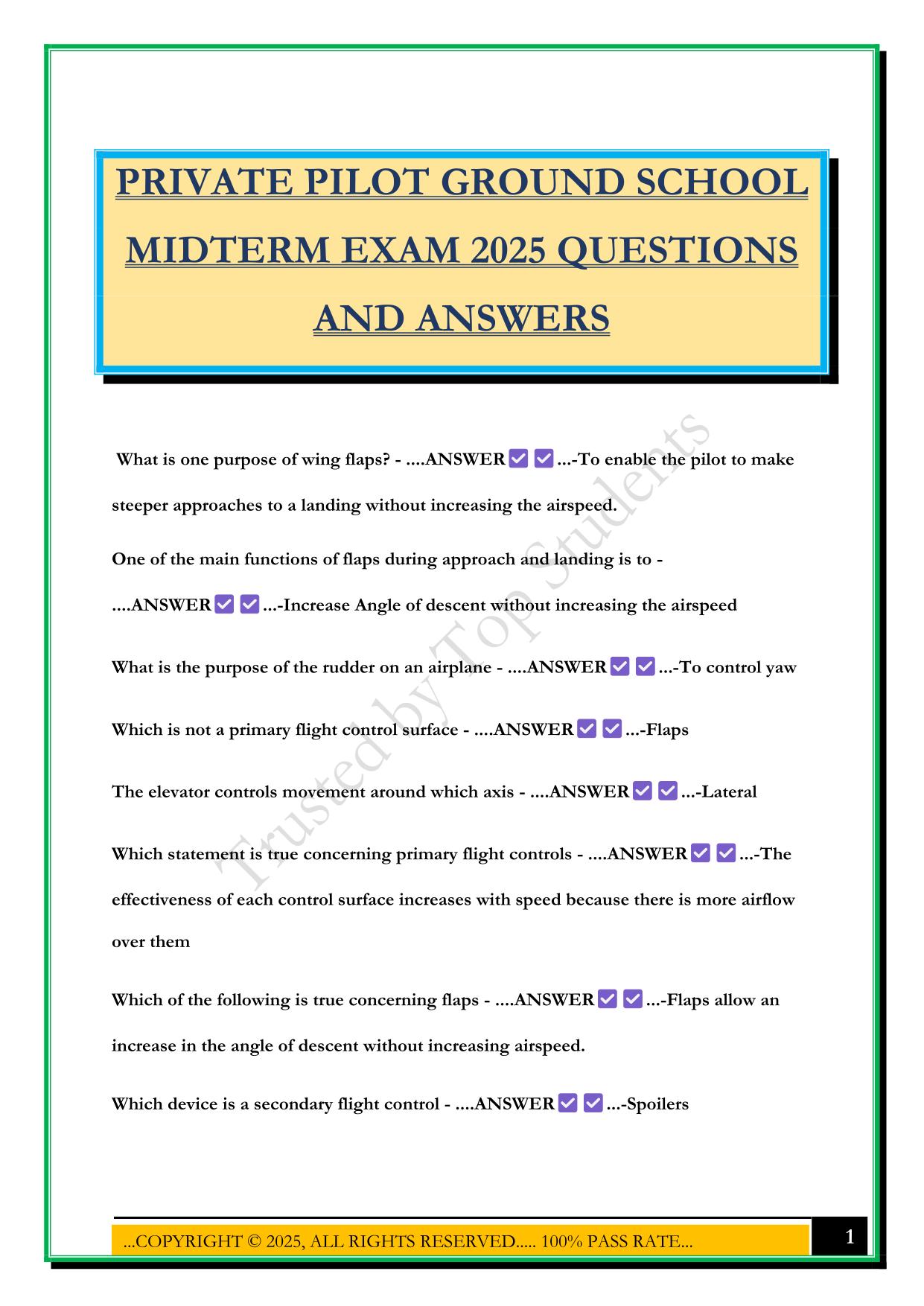 PRIVATE PILOT GROUND SCHOOL MIDTERM EXAM 2025 QUESTIONS AND ANSWERS