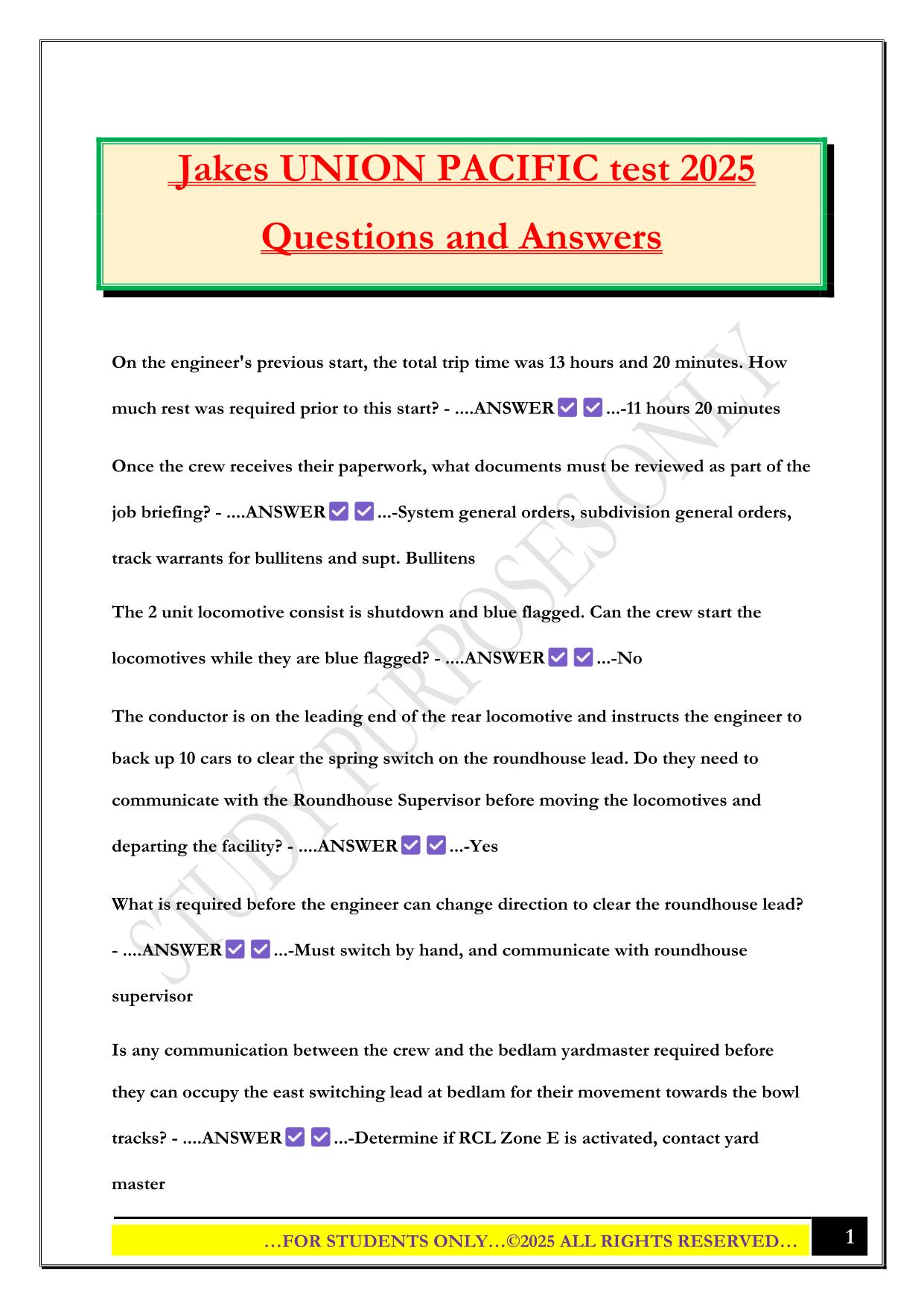 Jakes UNION PACIFIC test 2025 Questions and Answers