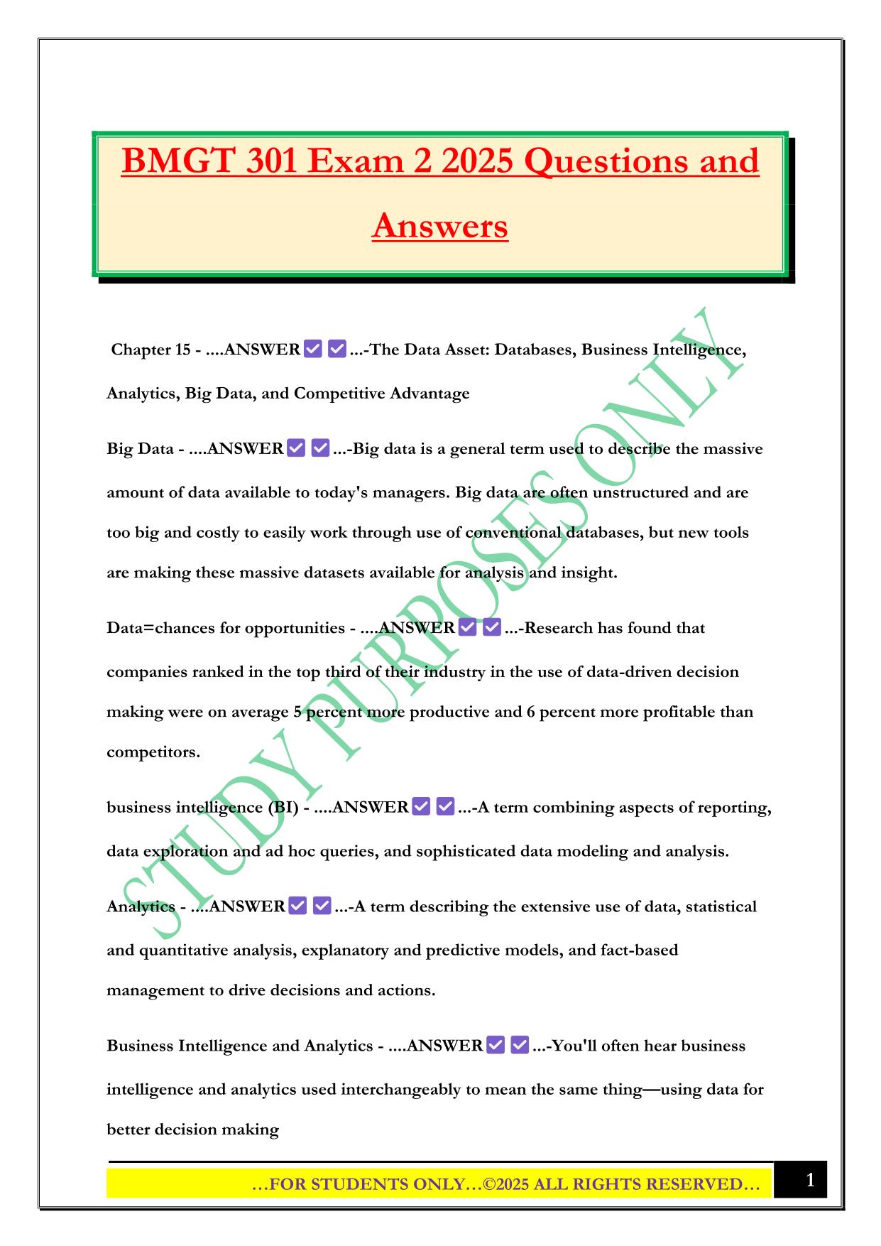 BMGT 301 Exam 2 2025 Questions and Answers