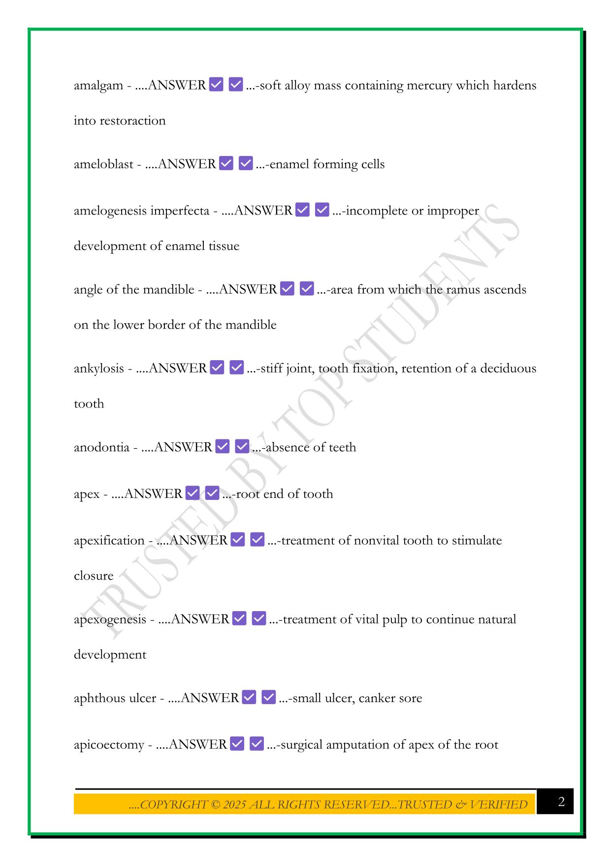 HOSA DENTAL TERMINOLOGY EXAM 2025 QUESTIONS AND ANSWERS