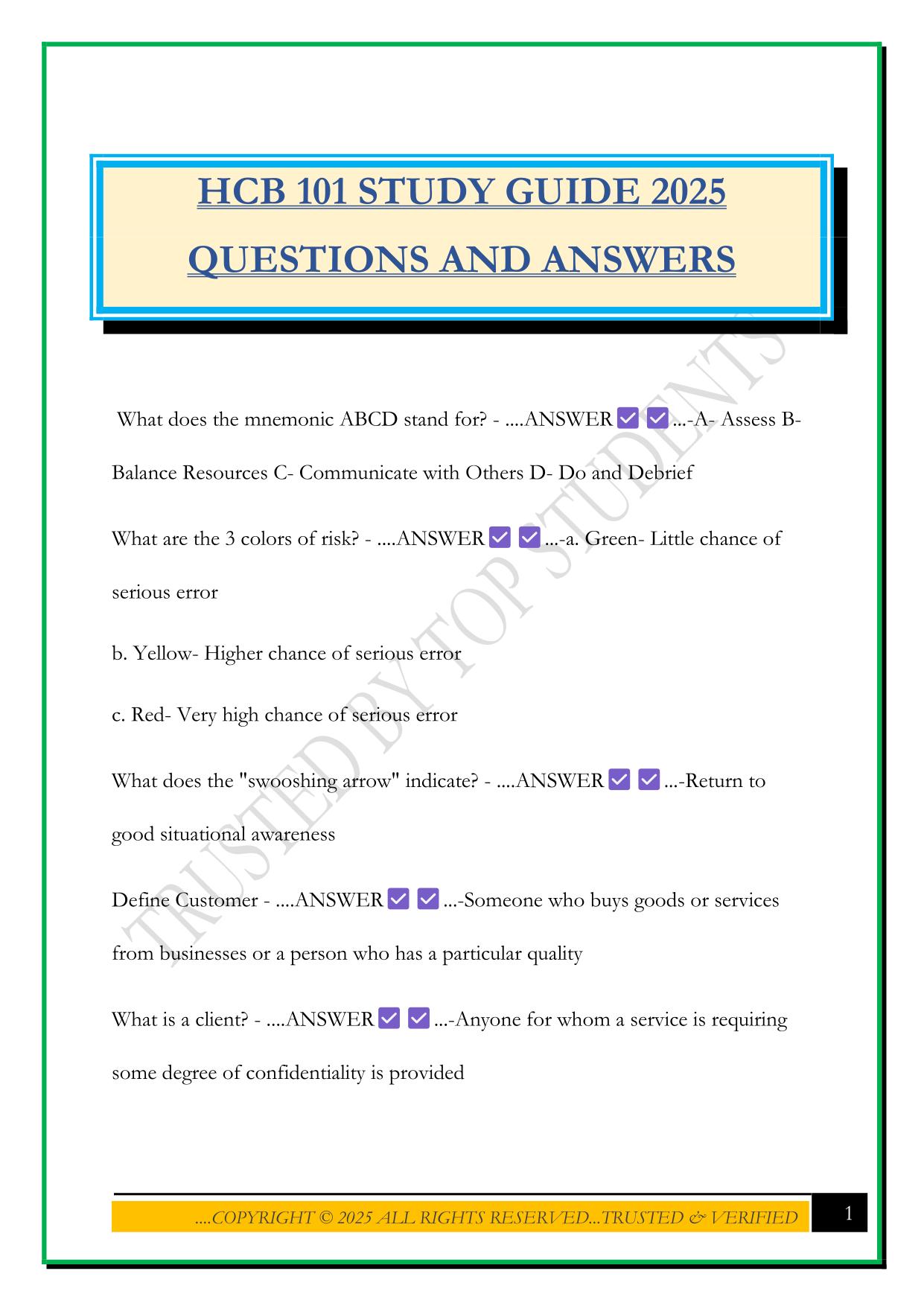 HCB 101 STUDY GUIDE 2025 QUESTIONS AND ANSWERS