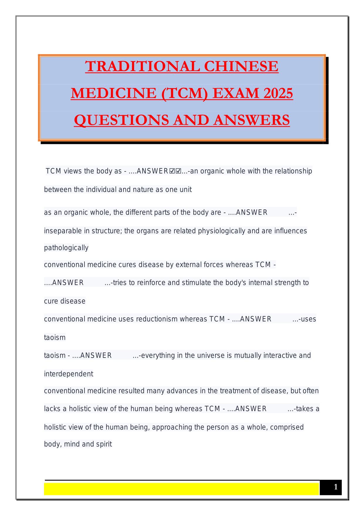 TRADITIONAL CHINESE MEDICINE (TCM) EXAM 2025 QUESTIONS AND ANSWERS
