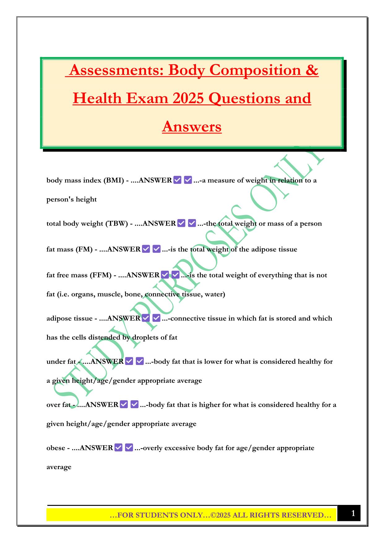 Assessments: Body Composition & Health Exam 2025 Questions and Answers