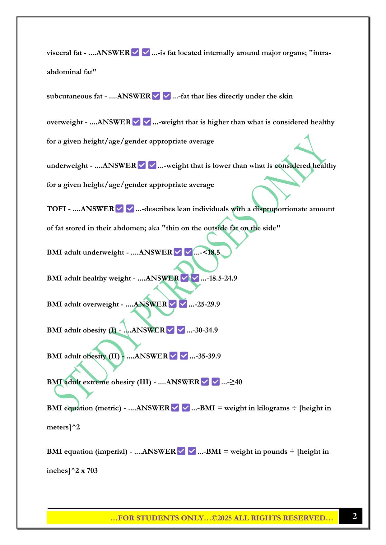 Assessments: Body Composition & Health Exam 2025 Questions and Answers