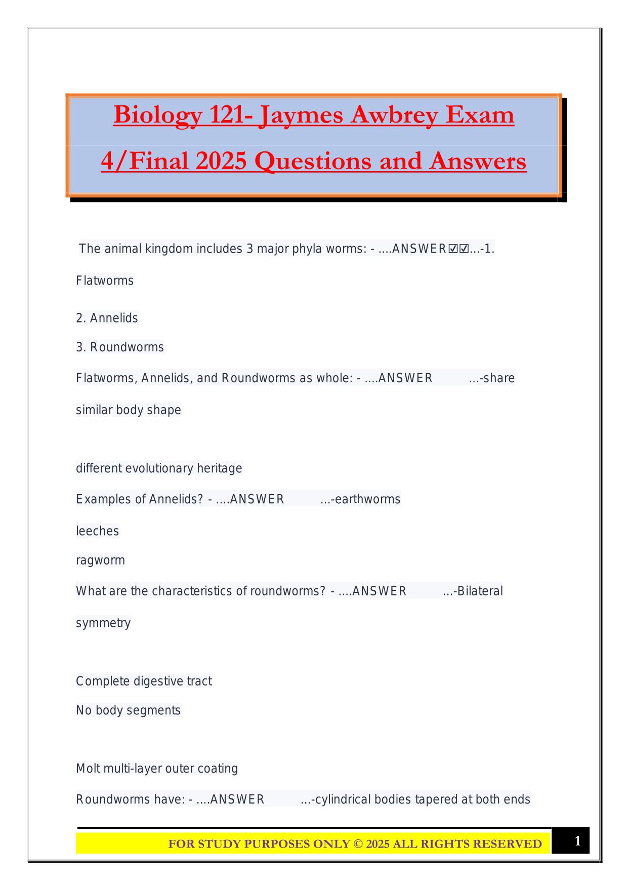 Biology 121- Jaymes Awbrey Exam 4/Final 2025 Questions and Answers