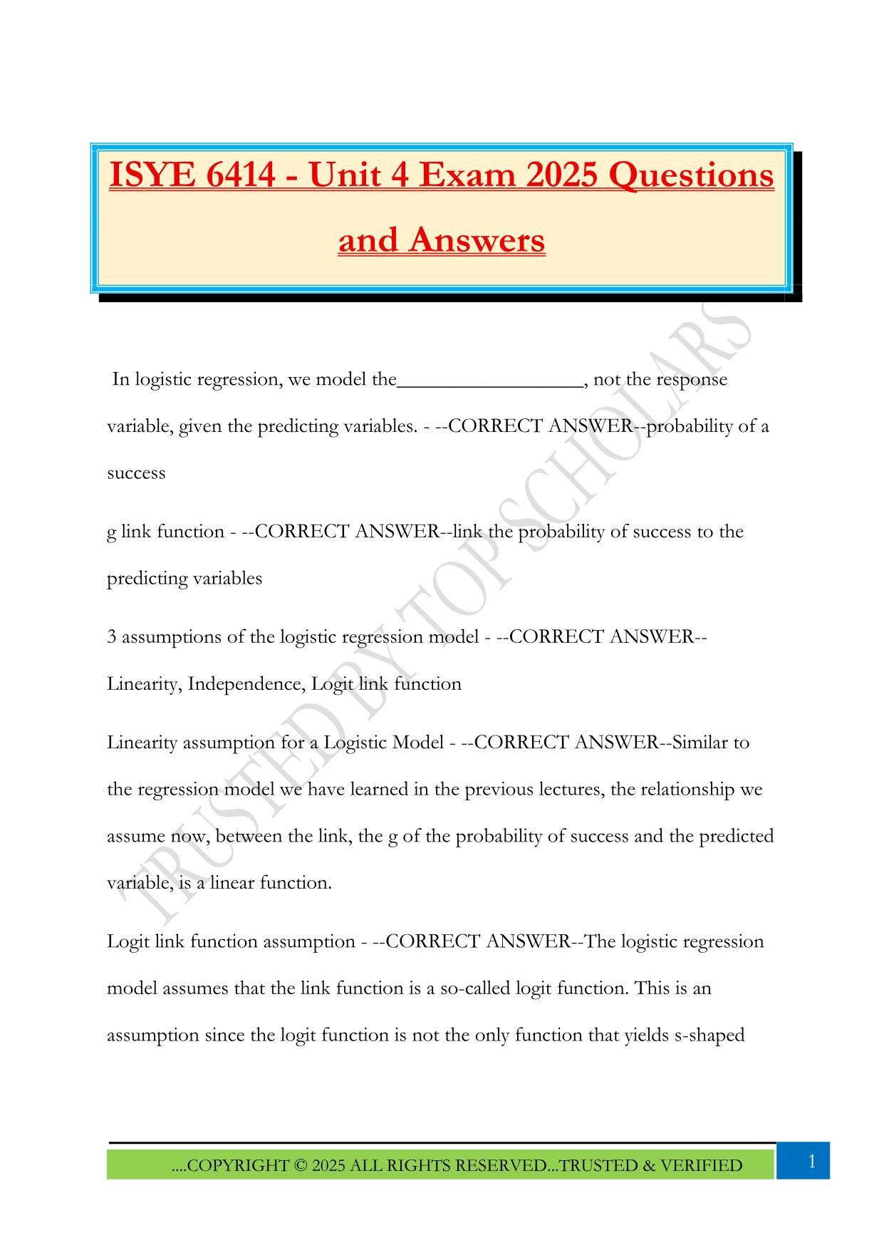 ISYE 6414 - Unit 4 Exam 2025 Questions and Answers