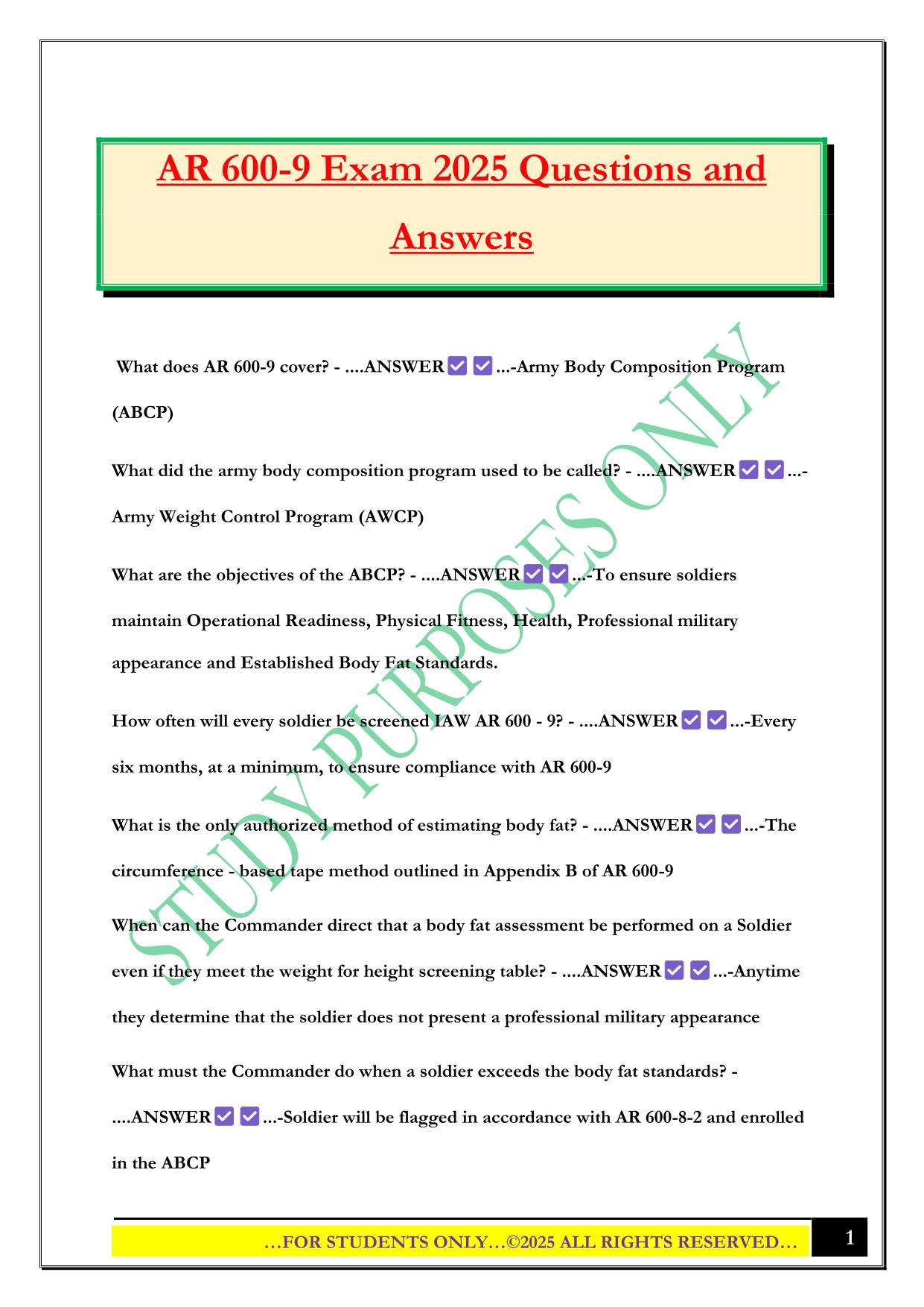 AR 600-9 Exam 2025 Questions and Answers