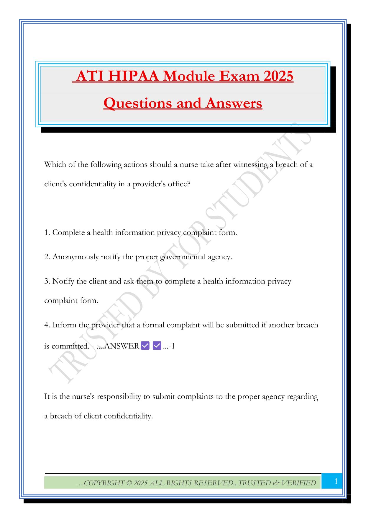 ATI HIPAA Module Exam 2025 Questions and Answers