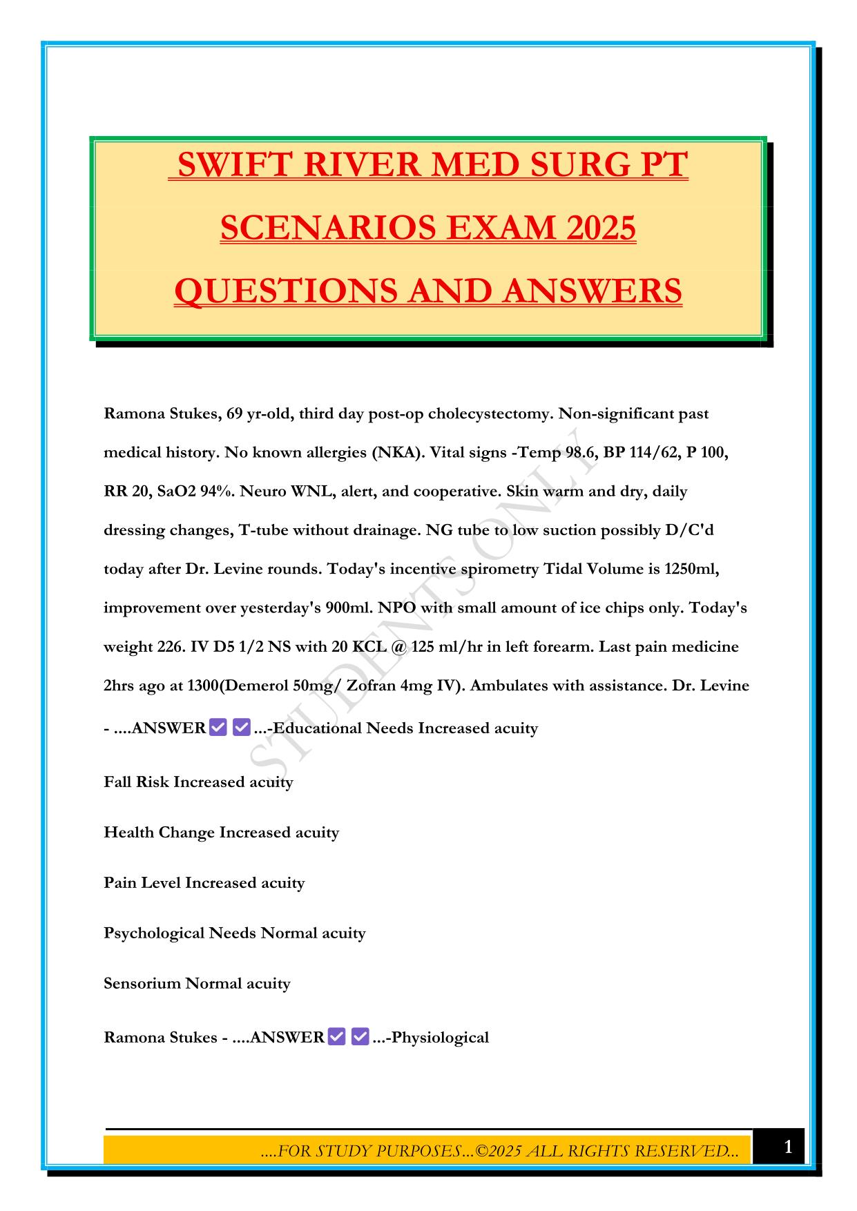 SWIFT RIVER MED SURG PT SCENARIOS EXAM 2025 QUESTIONS AND ANSWERS