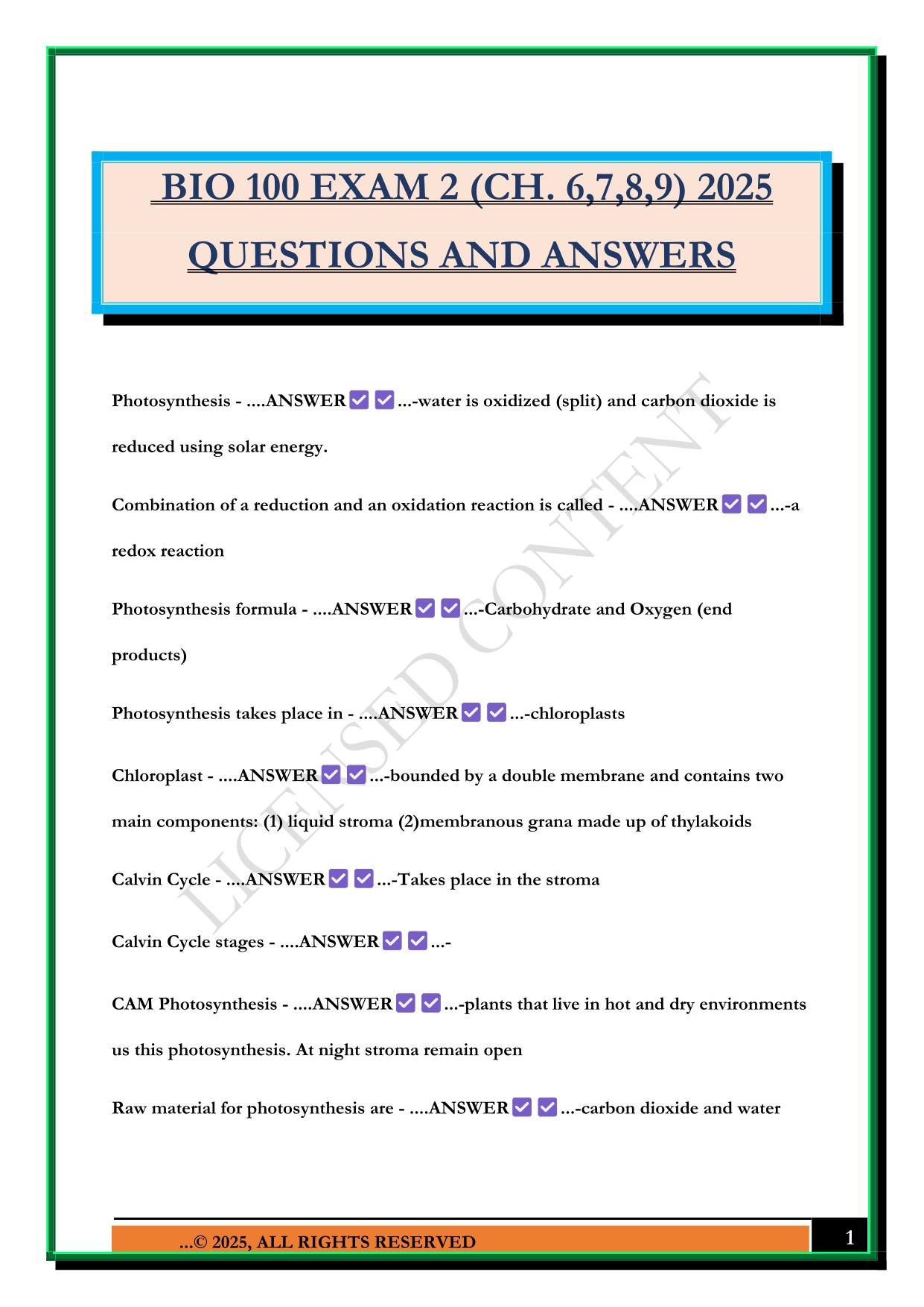 BIO 100 EXAM 2 (CH. 6,7,8,9) 2025 QUESTIONS AND ANSWERS