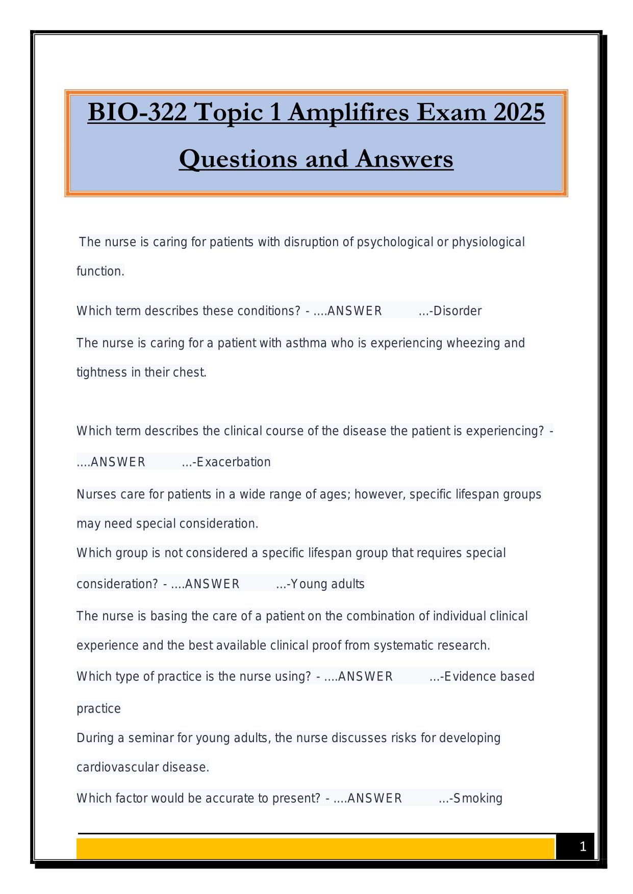 BIO-322 Topic 1 Amplifires Exam 2025 Questions and Answers