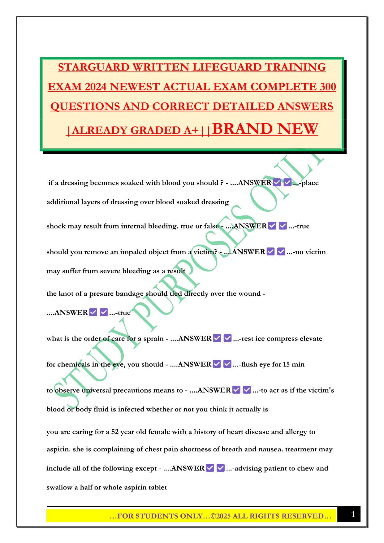 STARGUARD WRITTEN LIFEGUARD TRAINING EXAM 2024 NEWEST ACTUAL EXAM COMPLETE 300 QUESTIONS AND CORRECT DETAILED ANSWERS |ALREADY GRADED A+||BRAND NEW