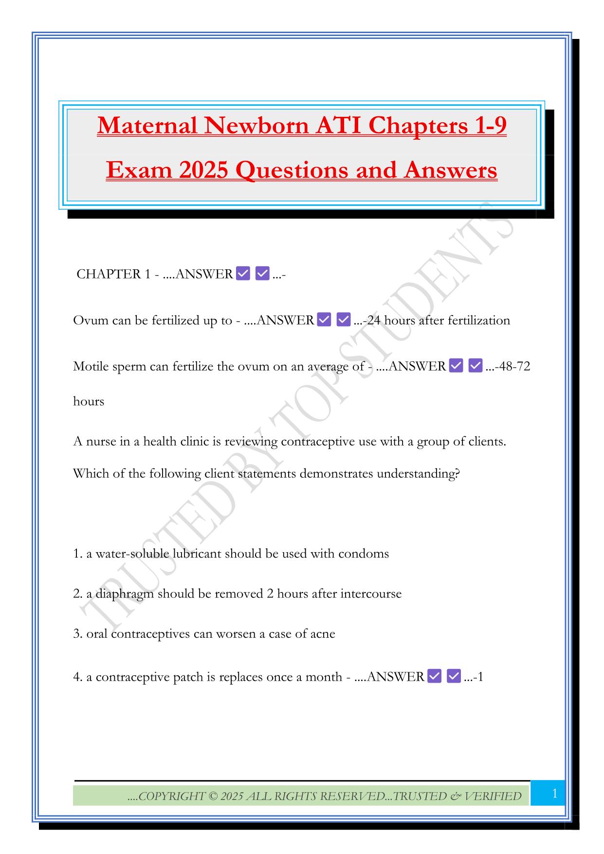 Maternal Newborn ATI Chapters 1-9 Exam 2025 Questions and Answers