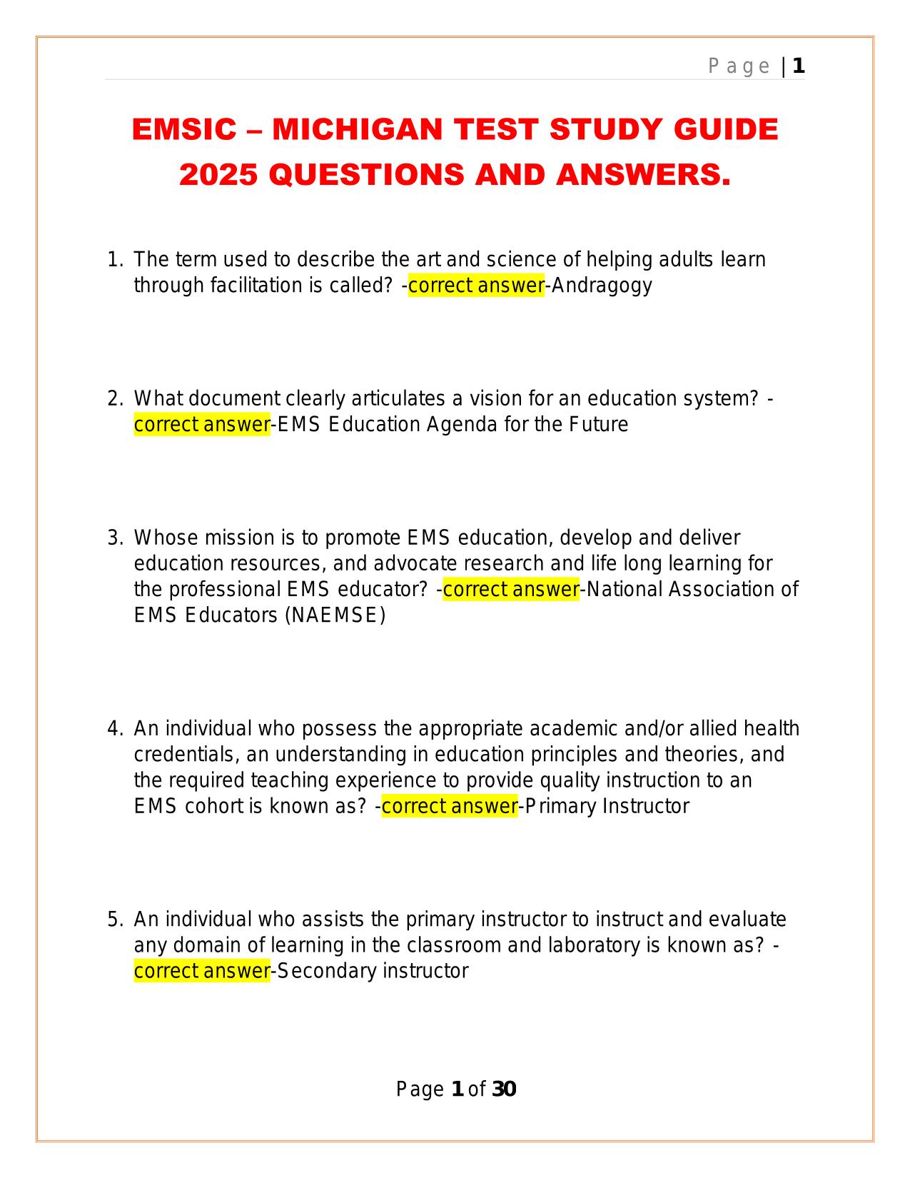 EMSIC – MICHIGAN TEST STUDY GUIDE 2025 QUESTIONS AND ANSWERS.