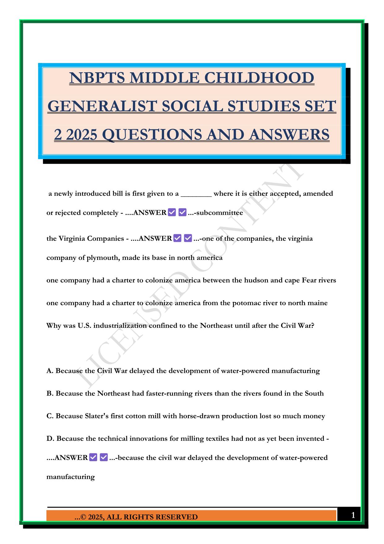 NBPTS MIDDLE CHILDHOOD GENERALIST SOCIAL STUDIES SET 2 2025 QUESTIONS AND ANSWERS