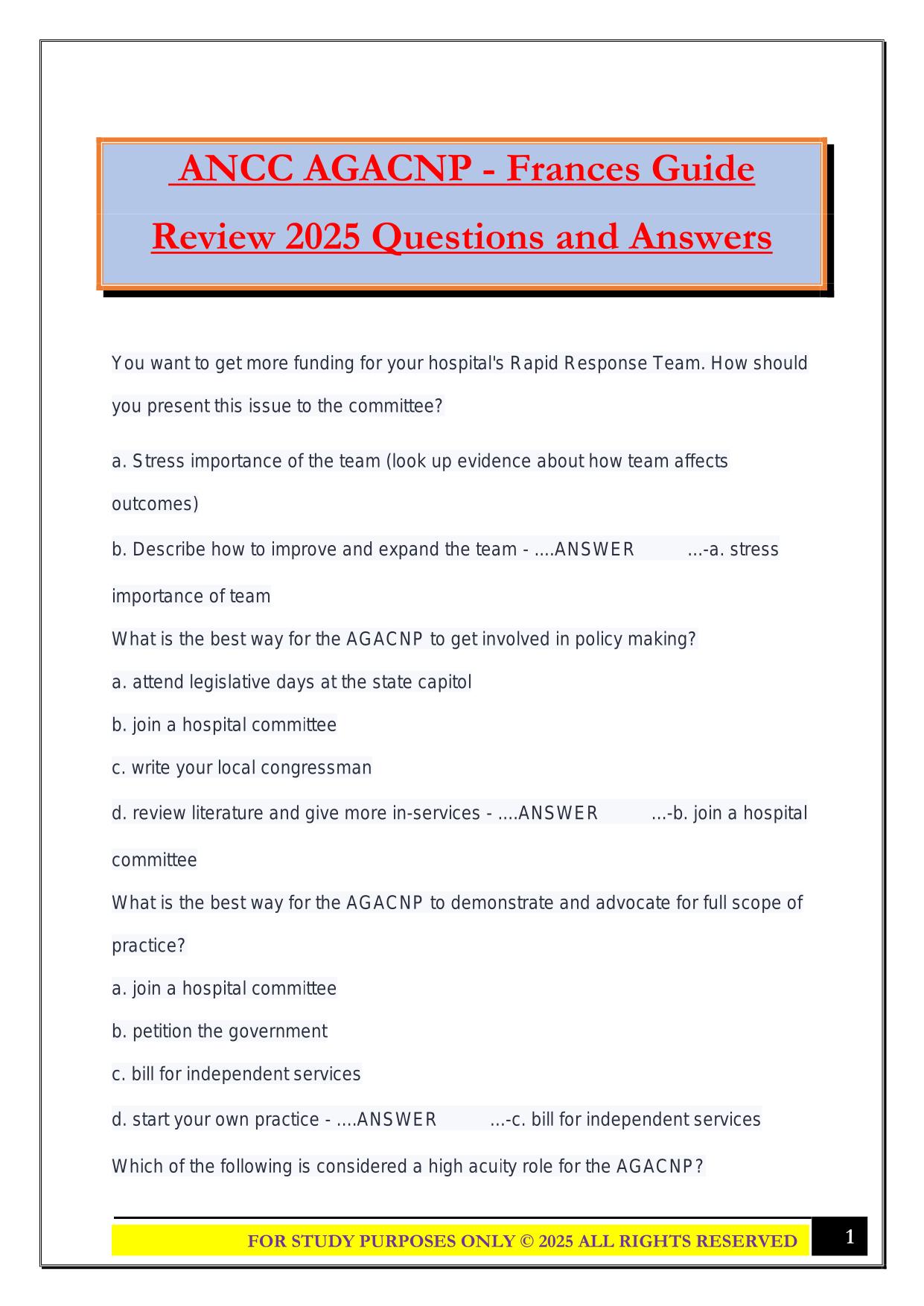 ANCC AGACNP - Frances Guide Review 2025 Questions and Answers