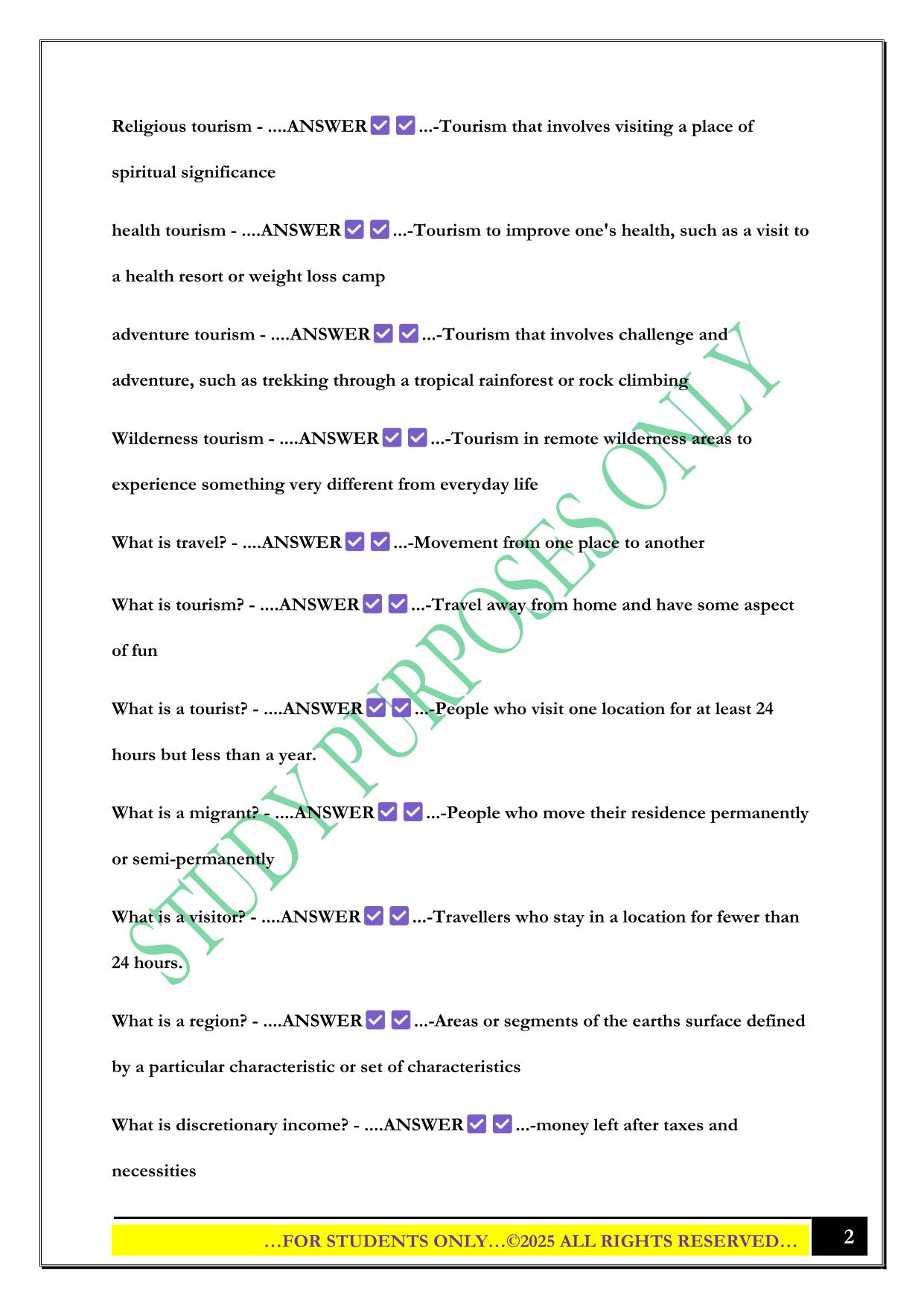 Travel and tourism test 2025 Questions and Answers
