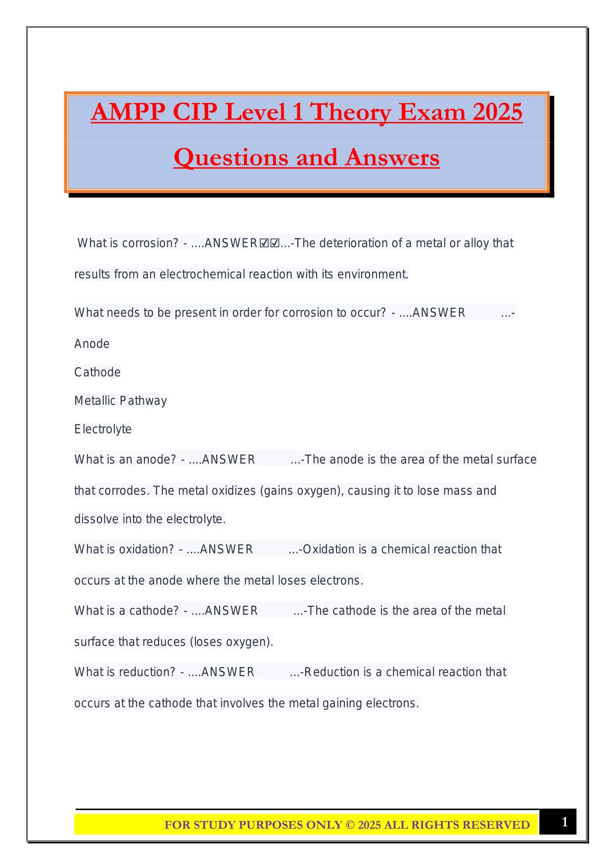 AMPP CIP Level 1 Theory Exam 2025 Questions and Answers