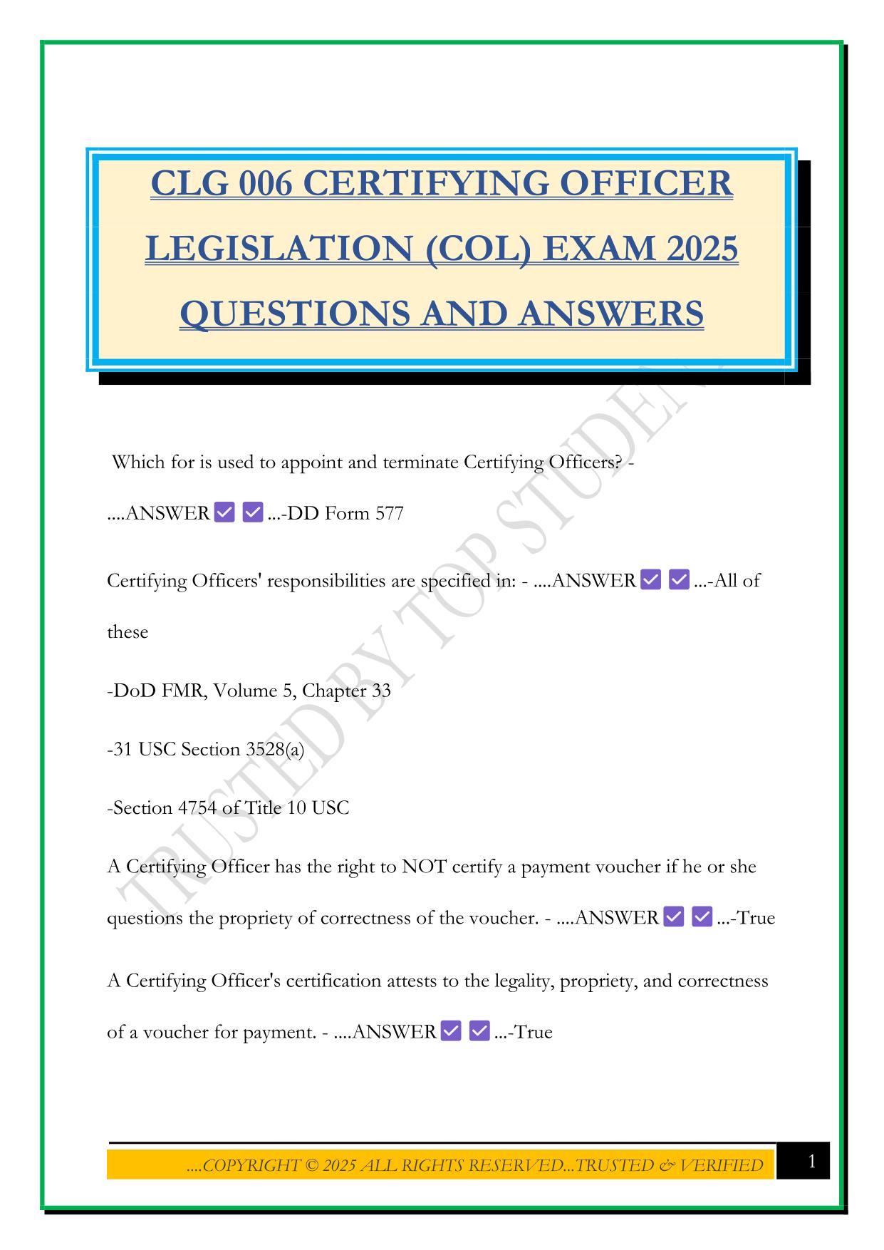 CLG 006 CERTIFYING OFFICER LEGISLATION (COL) EXAM 2025 QUESTIONS AND ANSWERS