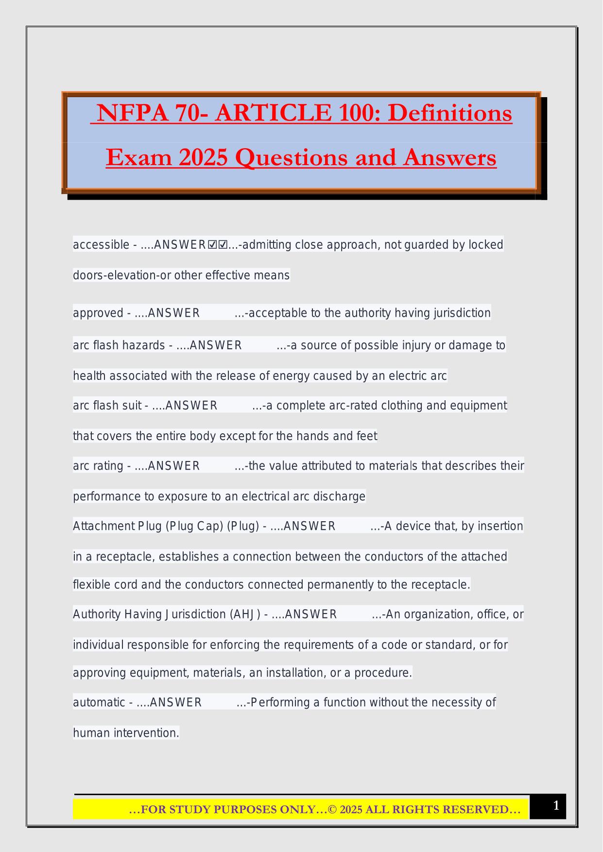 NFPA 70- ARTICLE 100: Definitions Exam 2025 Questions and Answers