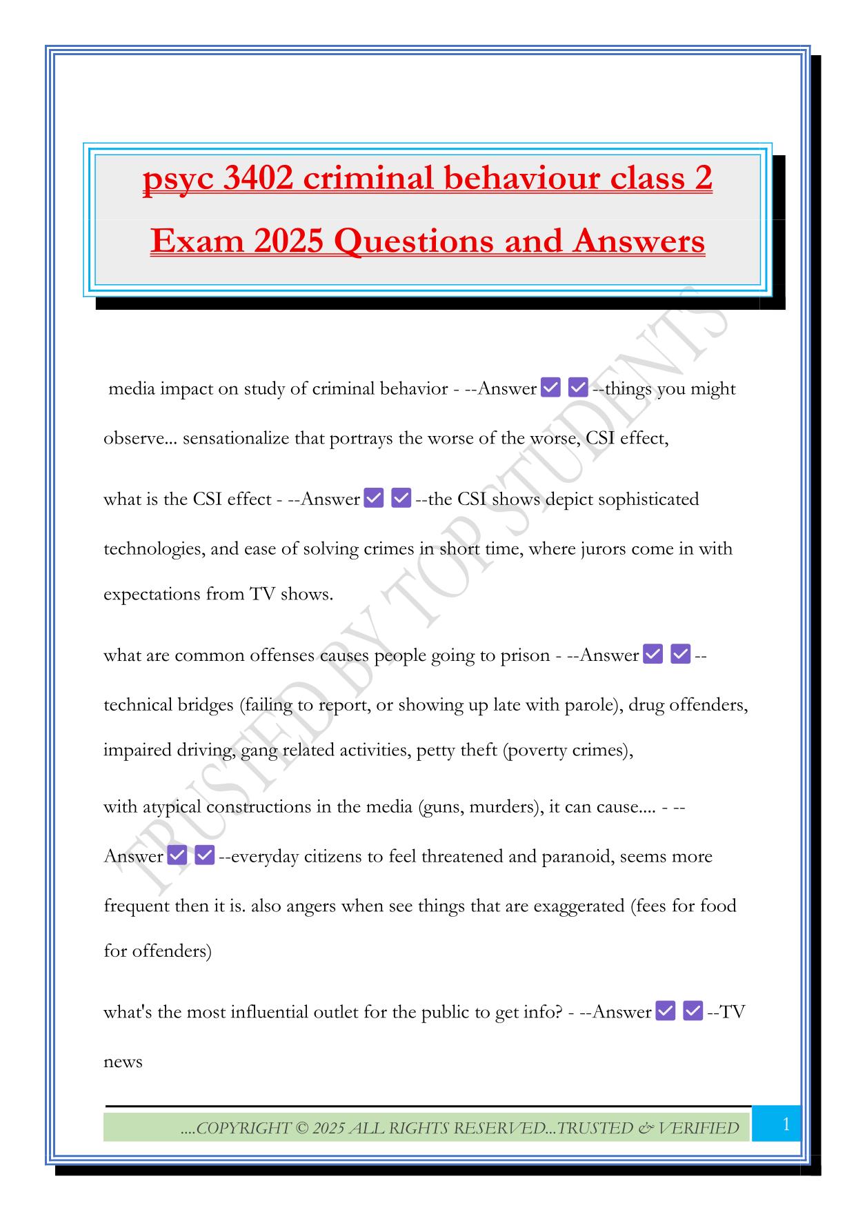 psyc 3402 criminal behaviour class 2 Exam 2025 Questions and Answers