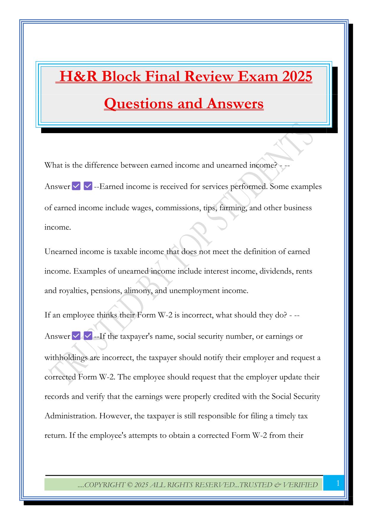 H&R Block Final Review Exam 2025 Questions and Answers