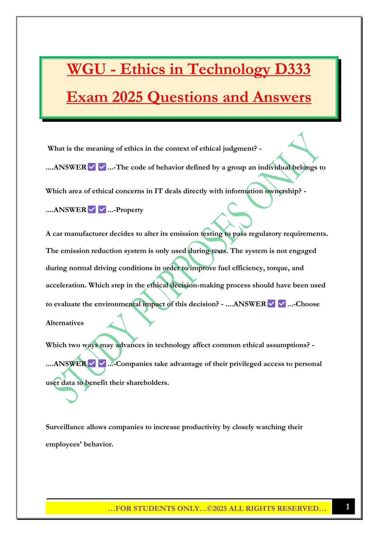 WGU - Ethics in Technology D333 Exam 2025 Questions and Answers