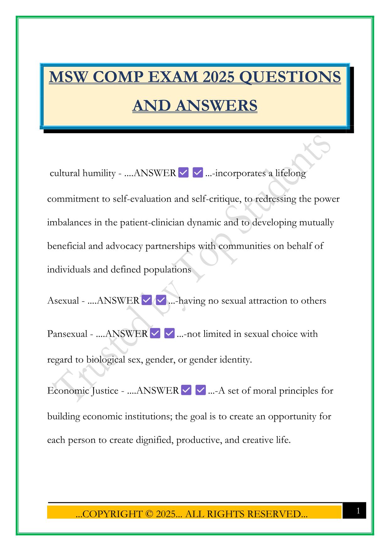 MSW COMP EXAM 2025 QUESTIONS AND ANSWERS