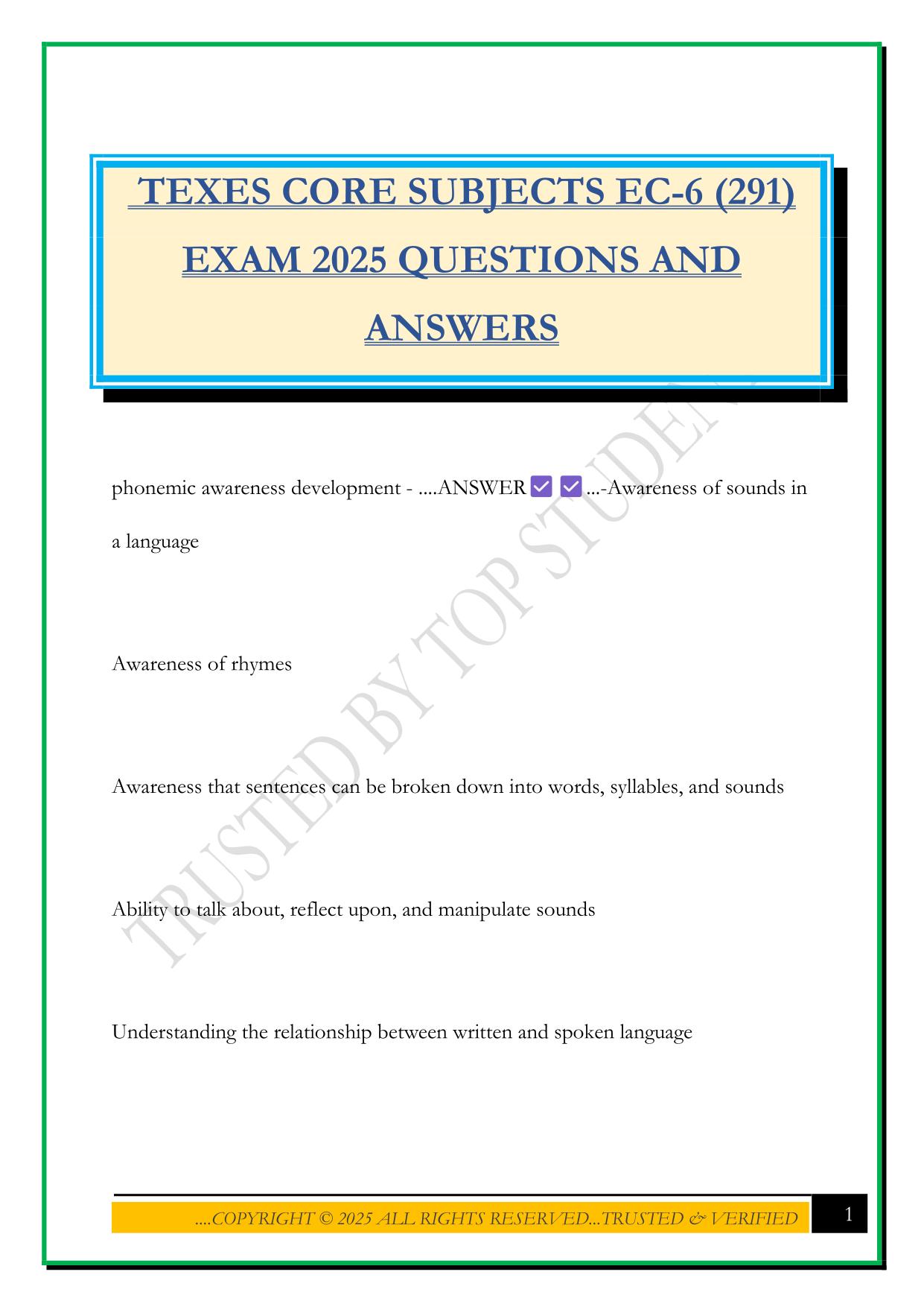 TEXES CORE SUBJECTS EC-6 (291) EXAM 2025 QUESTIONS AND ANSWERS
