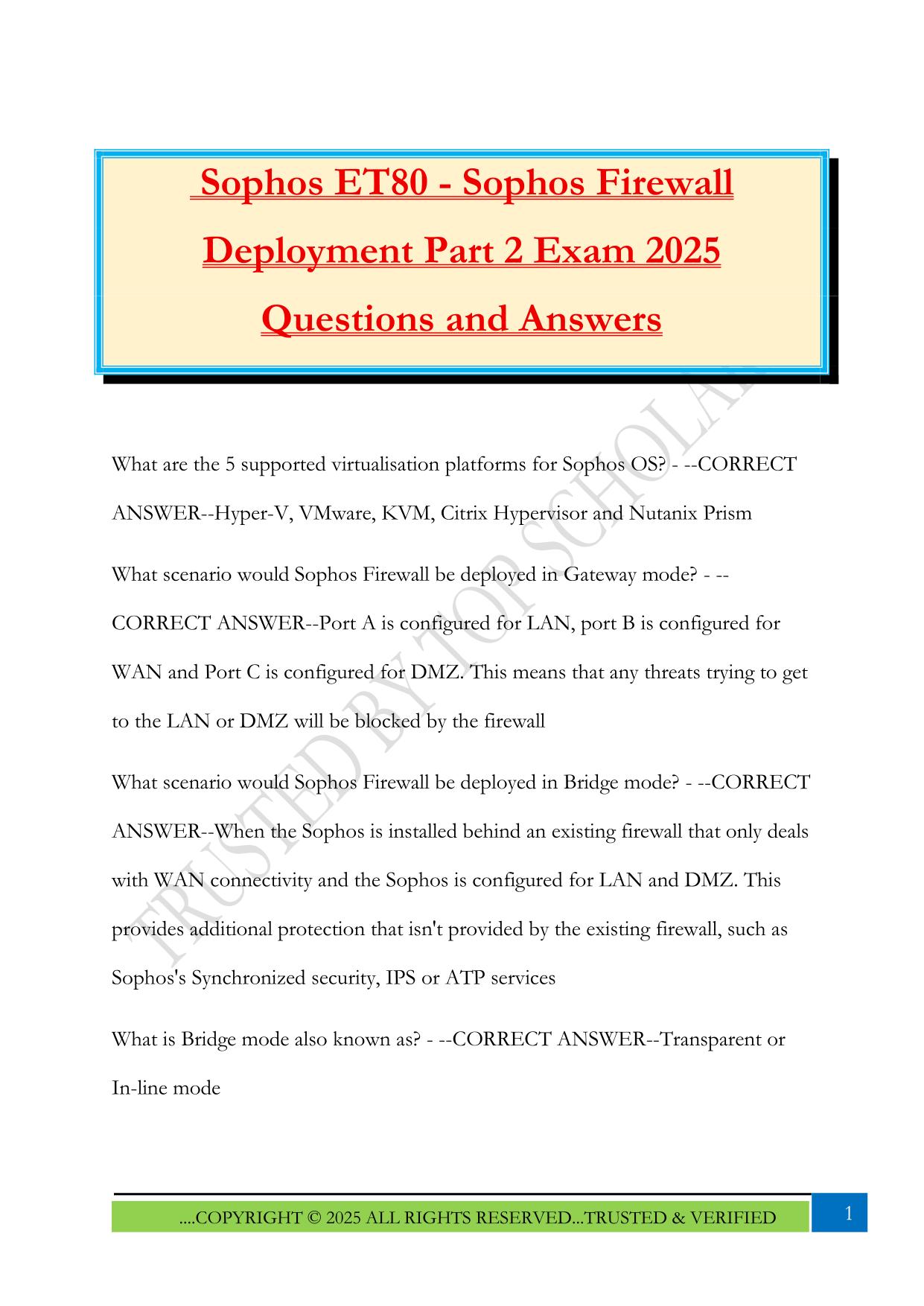 Sophos ET80 - Sophos Firewall Deployment Part 2 Exam 2025 Questions and Answers