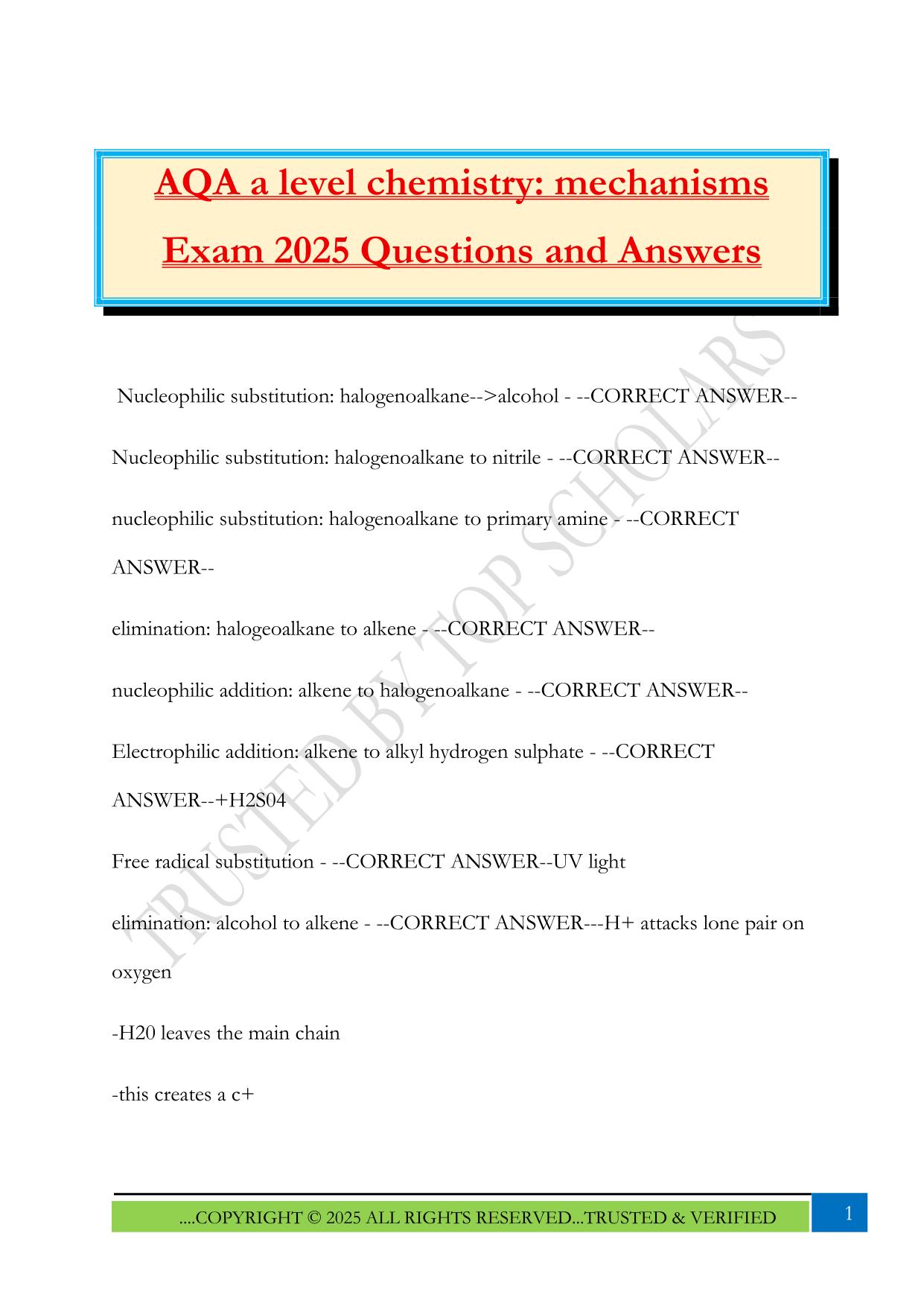 AQA a level chemistry: mechanisms Exam 2025 Questions and Answers