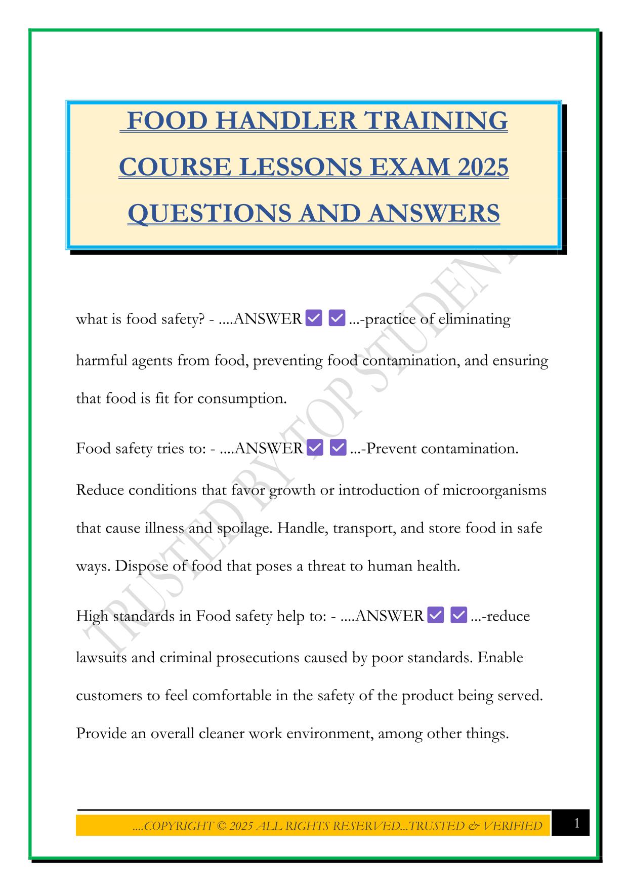 FOOD HANDLER TRAINING COURSE LESSONS EXAM 2025 QUESTIONS AND ANSWERS