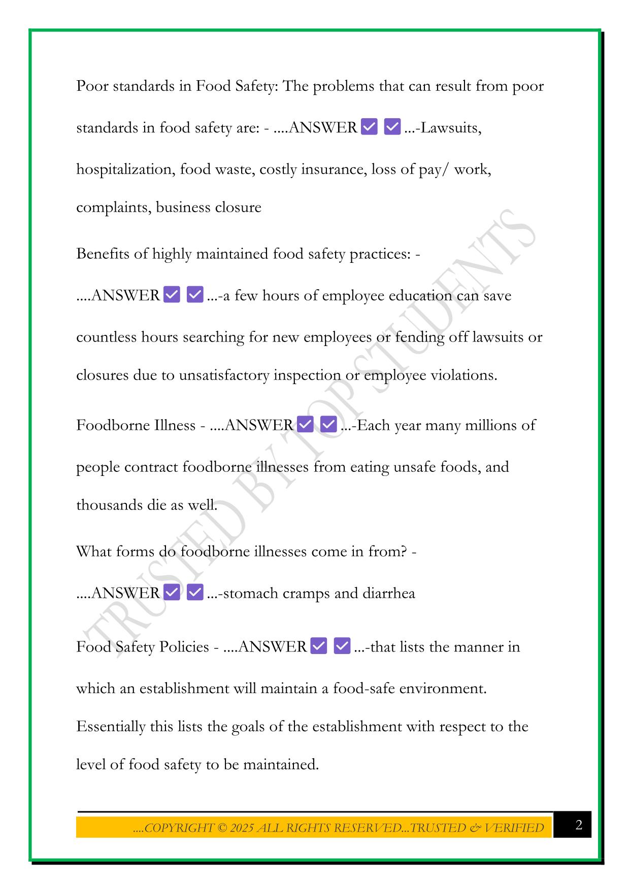 FOOD HANDLER TRAINING COURSE LESSONS EXAM 2025 QUESTIONS AND ANSWERS