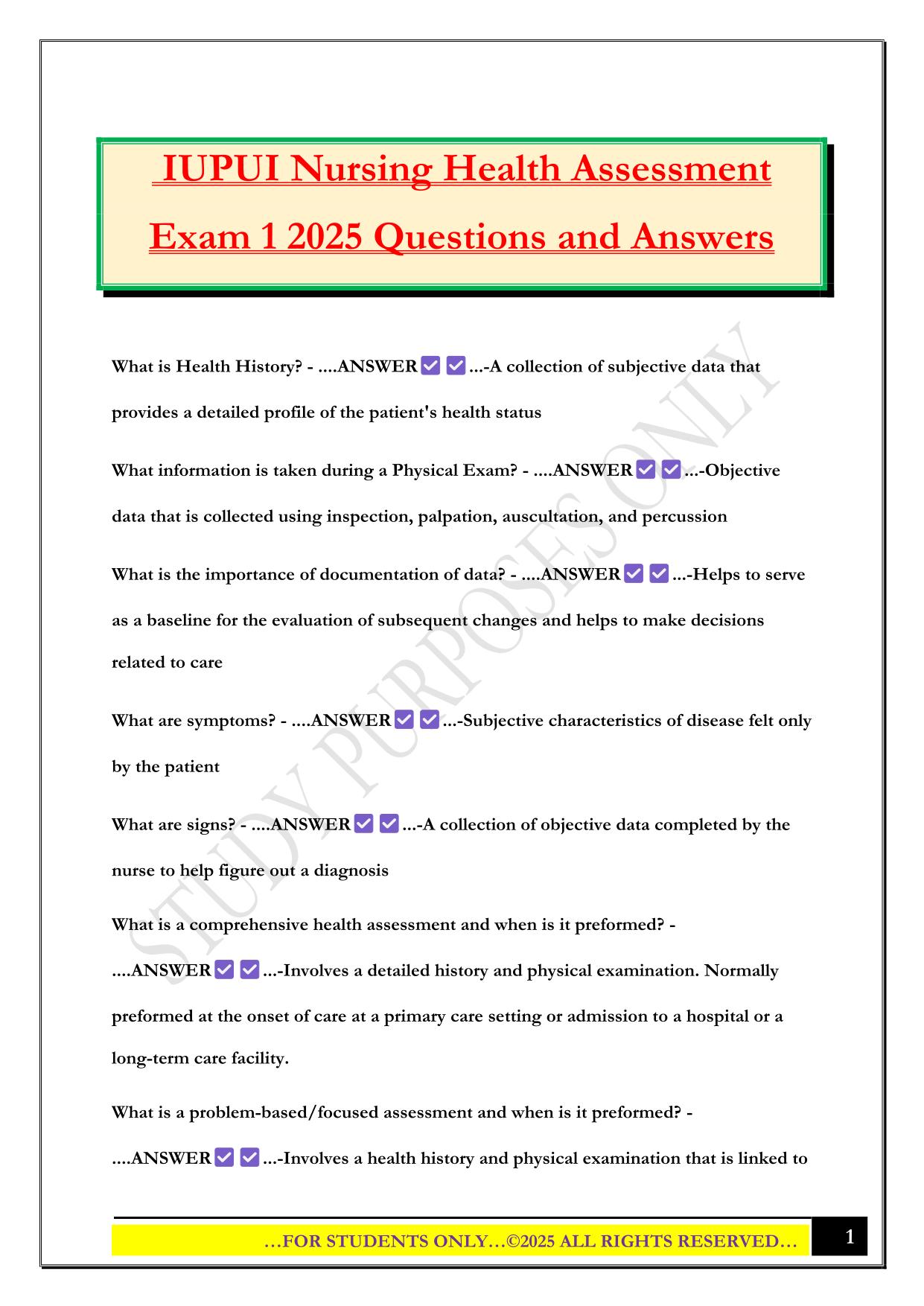 IUPUI Nursing Health Assessment Exam 1 2025 Questions and Answers