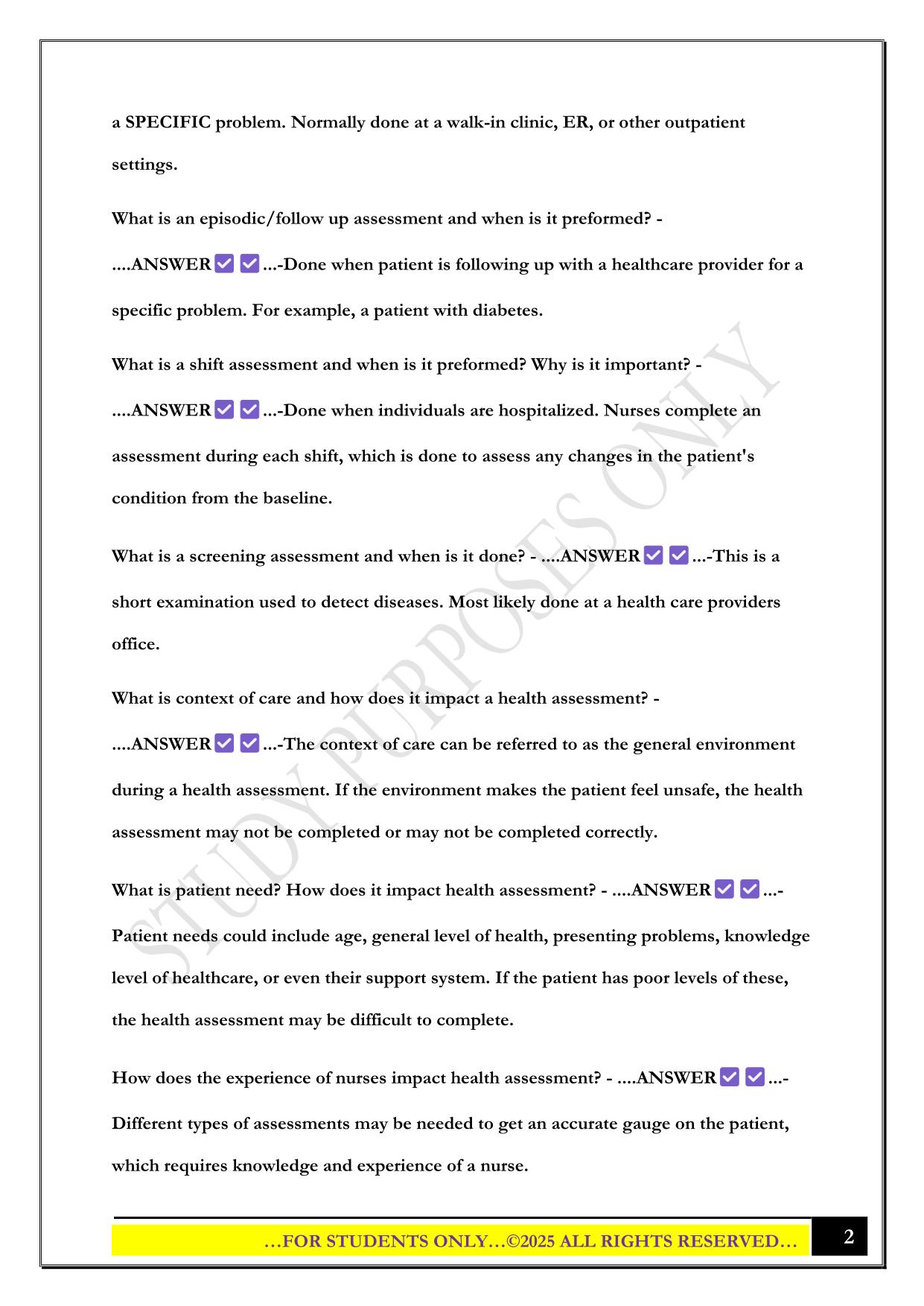 IUPUI Nursing Health Assessment Exam 1 2025 Questions and Answers
