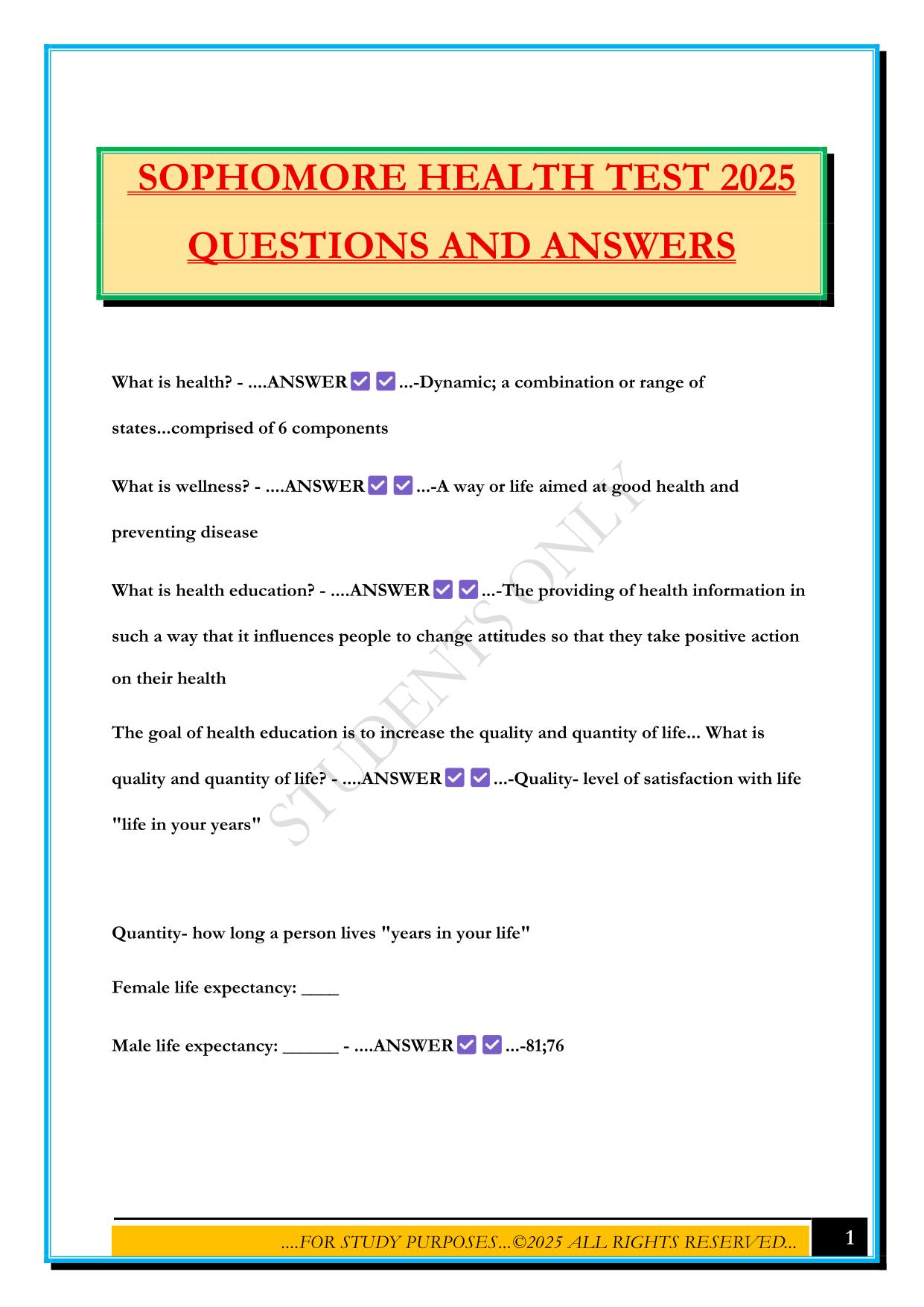 SOPHOMORE HEALTH TEST 2025 QUESTIONS AND ANSWERS