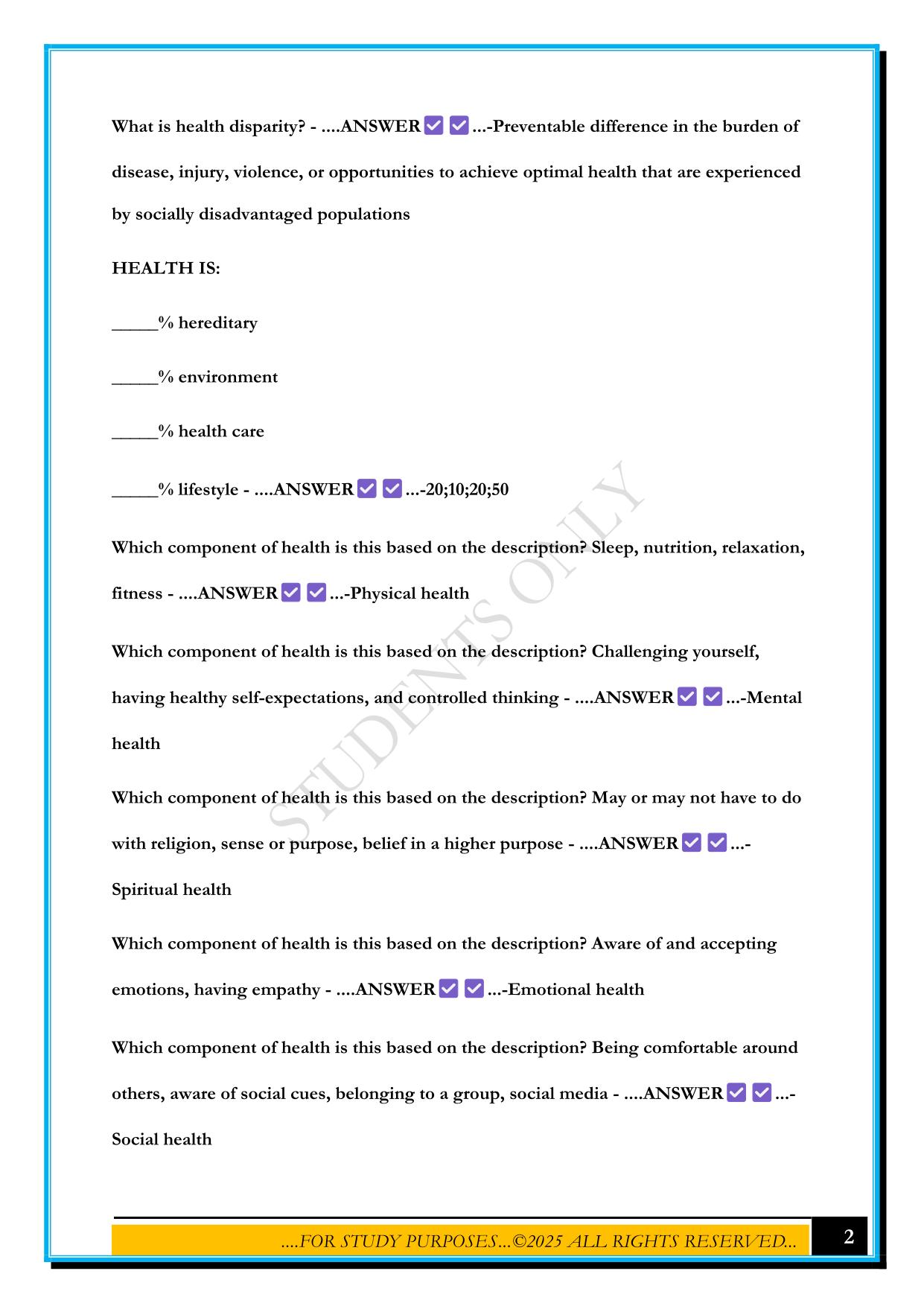 SOPHOMORE HEALTH TEST 2025 QUESTIONS AND ANSWERS