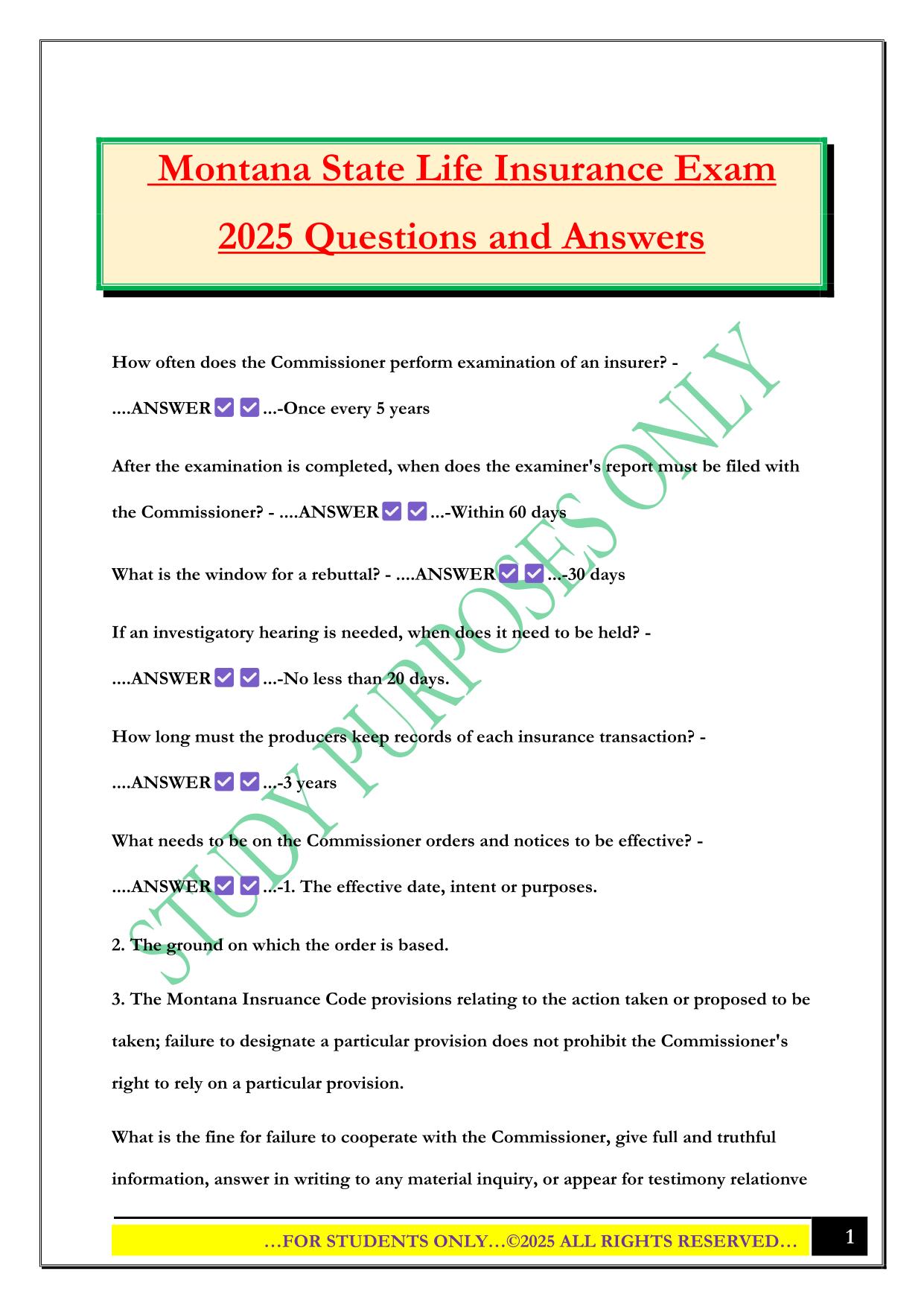 Montana State Life Insurance Exam 2025 Questions and Answers