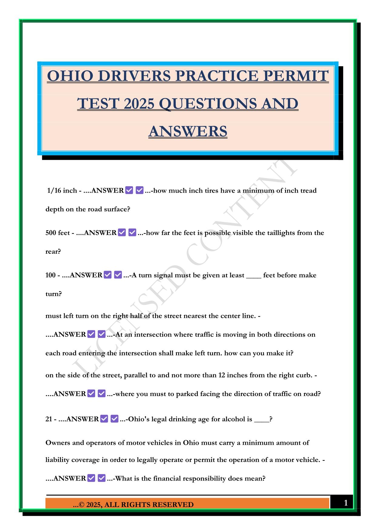 OHIO DRIVERS PRACTICE PERMIT TEST 2025 QUESTIONS AND ANSWERS