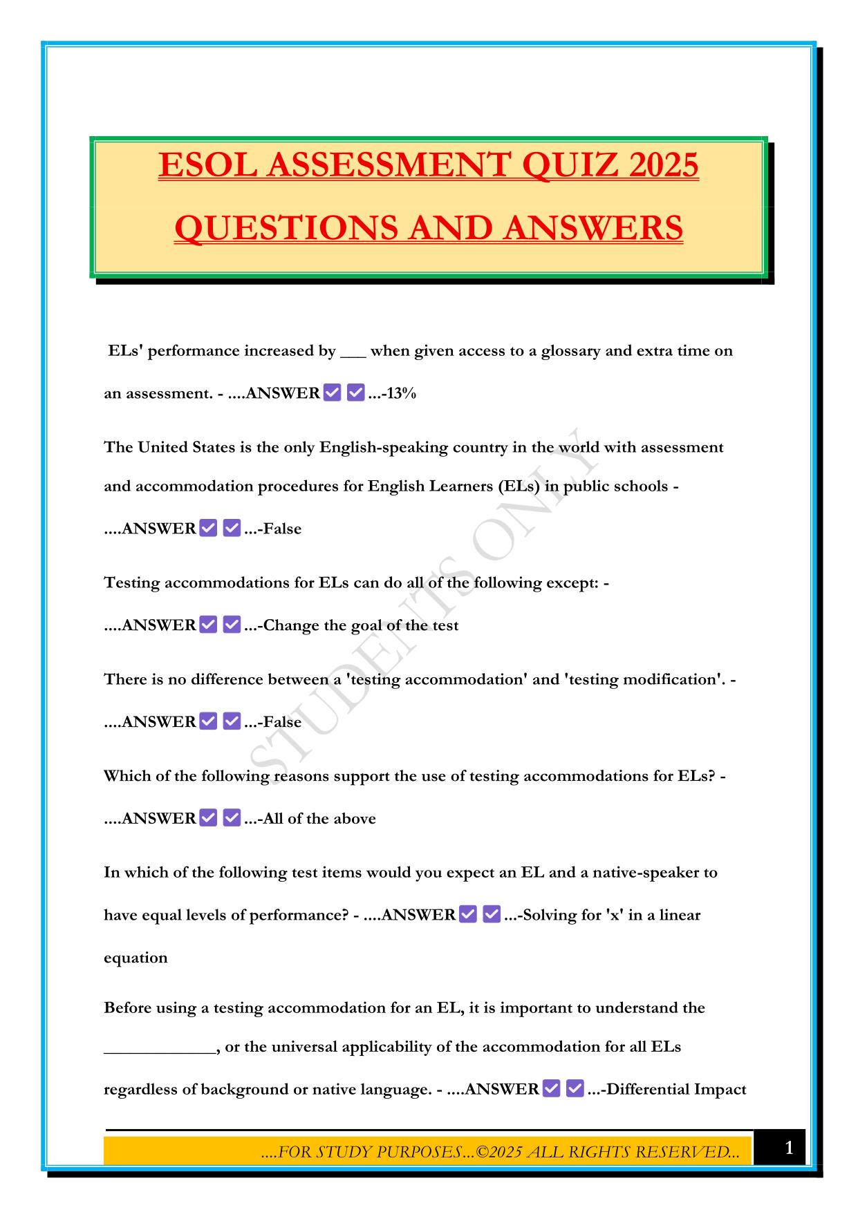 ESOL ASSESSMENT QUIZ 2025 QUESTIONS AND ANSWERS