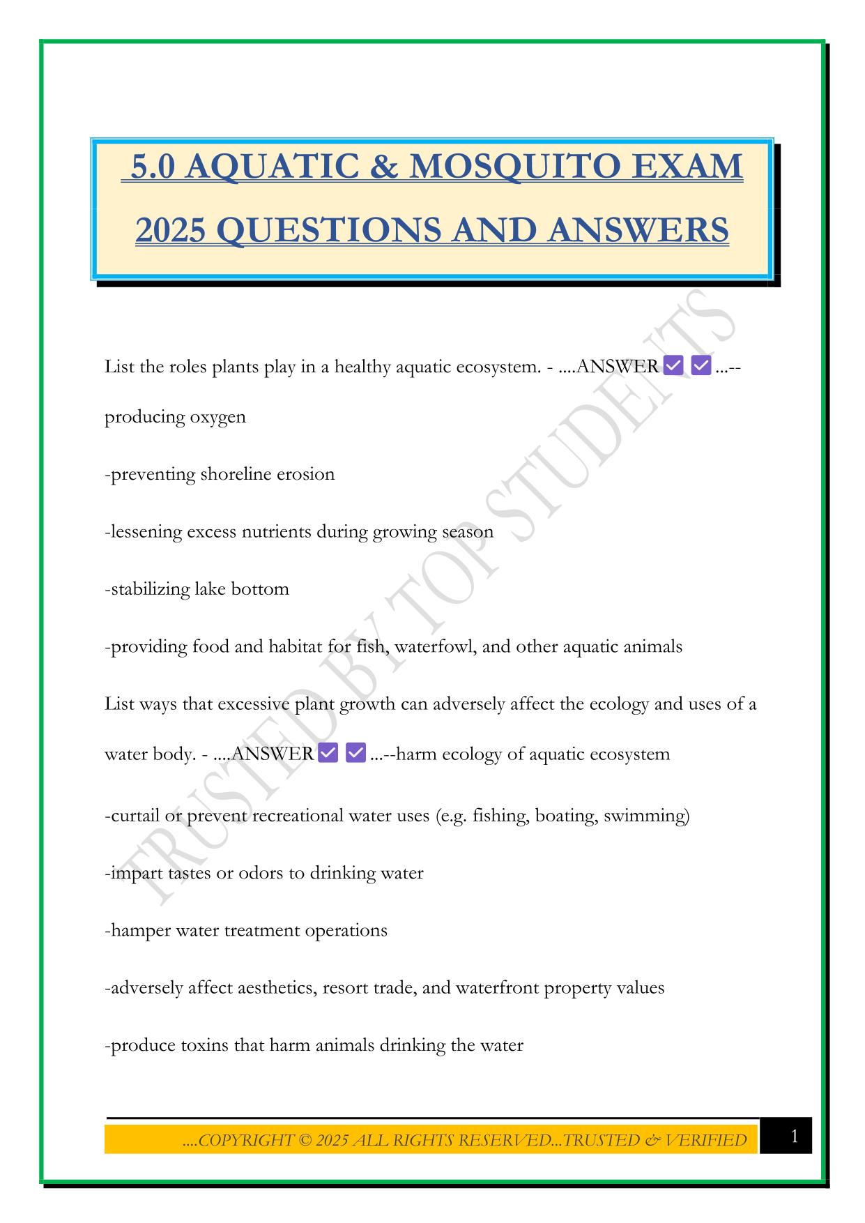 5.0 AQUATIC & MOSQUITO EXAM 2025 QUESTIONS AND ANSWERS
