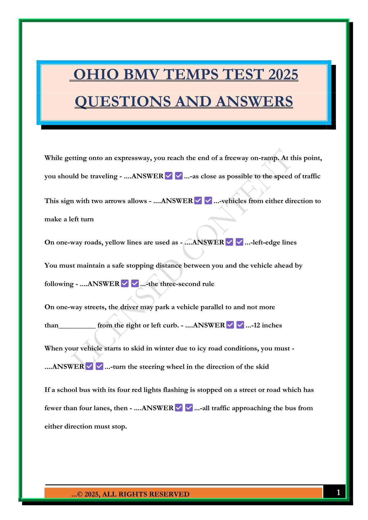 OHIO BMV TEMPS TEST 2025 QUESTIONS AND ANSWERS