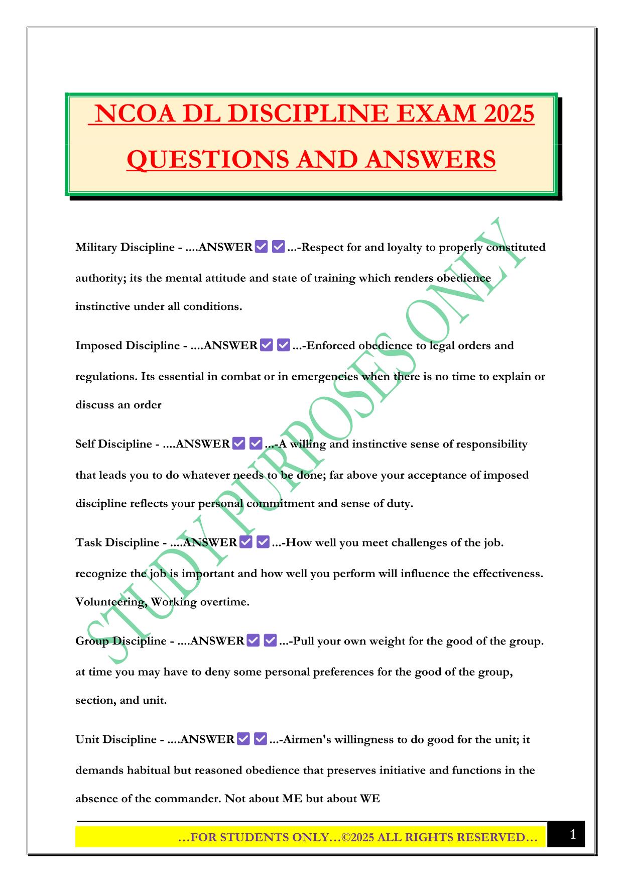 NCOA DL DISCIPLINE EXAM 2025 QUESTIONS AND ANSWERS
